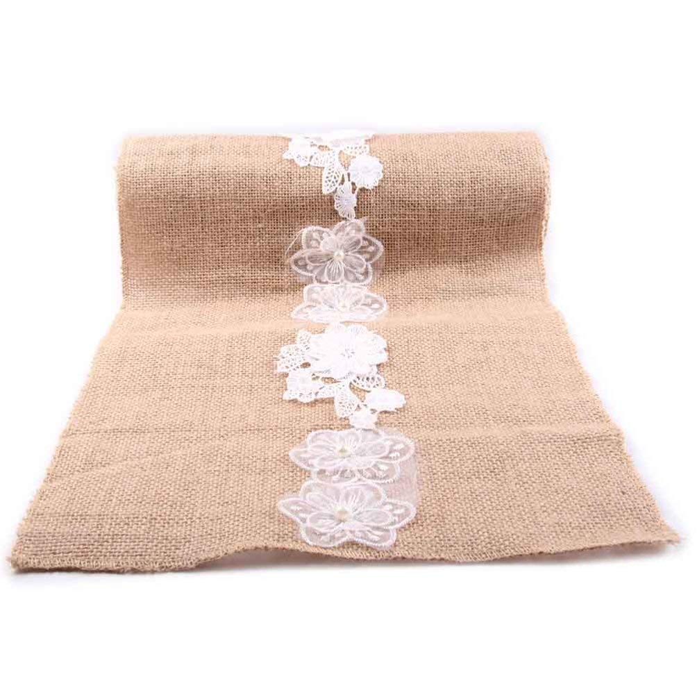 Amosfun Vintage Burlap Lace Table Runner - 1pc DIY Macrame Table Cover for Wedding, Kitchen & Home Decor | Perfect for Rustic Weddings, Farmhouse Dining & Holiday Tablescapes
