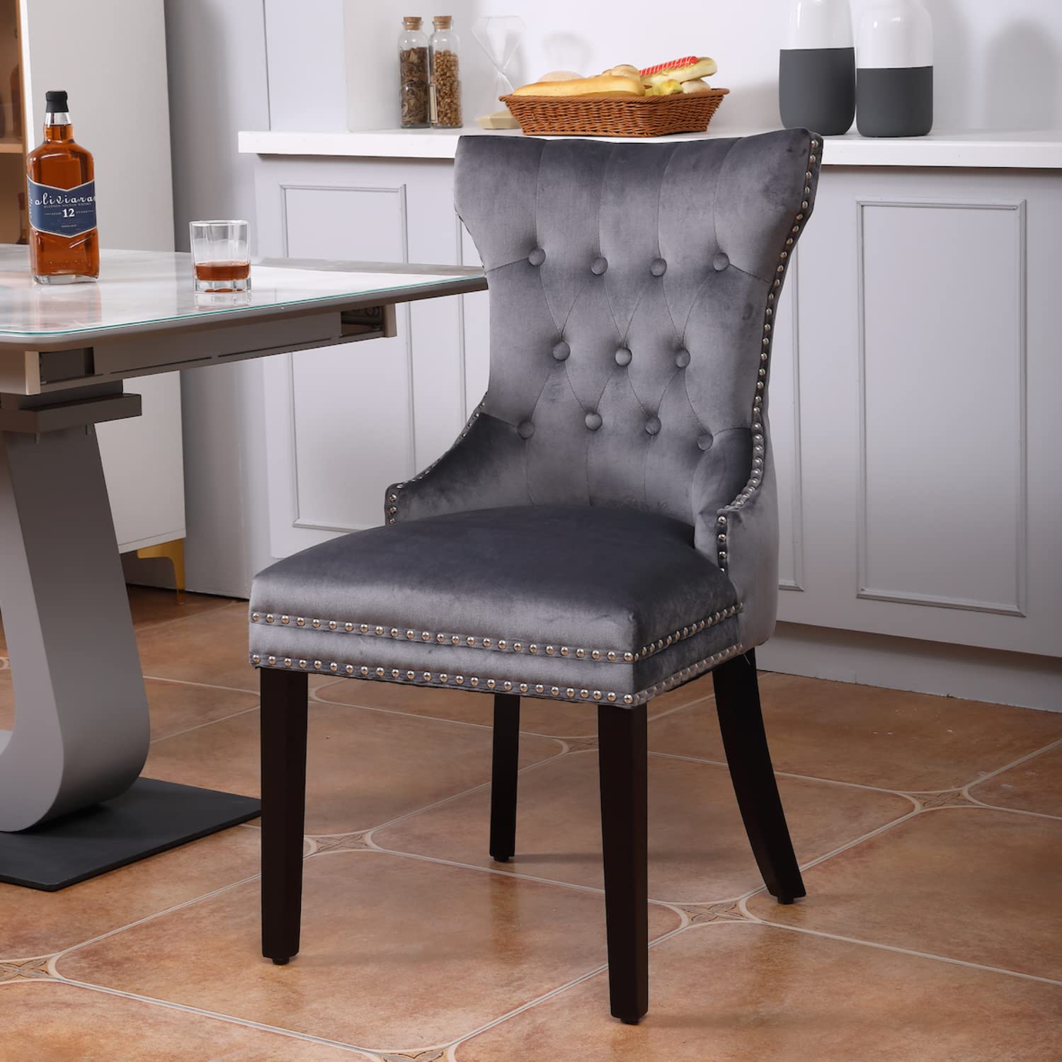 Luxury Modern Velvet Upholstered Dining Chairs Set of 2 - Gray Tufted Accent Chairs with Wooden Legs & Nailhead Trim (20.07