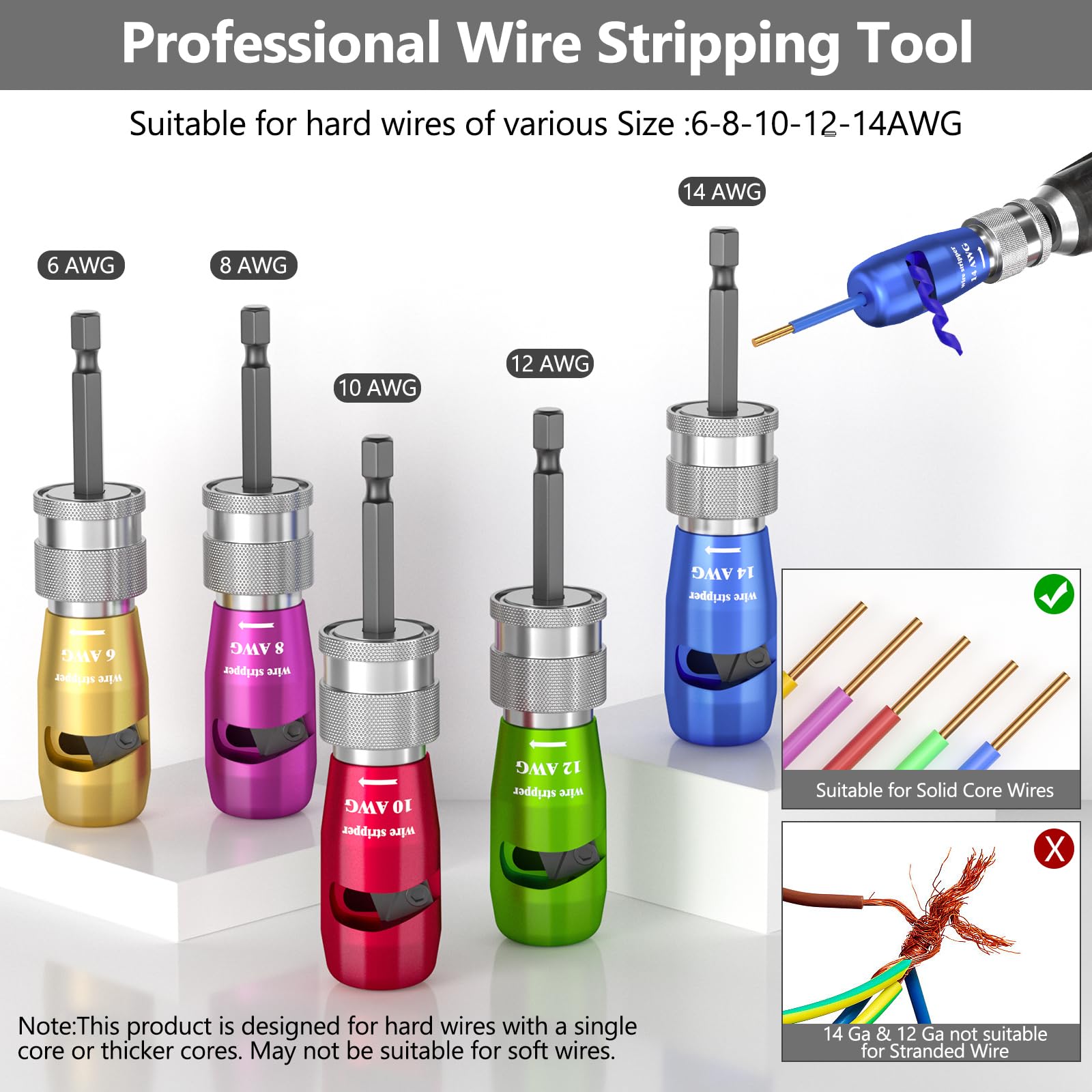 Professional Electric Wire Stripper for Drill - AWG 14-12-10-8-6 Gauge Cable Stripping Tool with Twisting Function | Ideal for Electricians, DIY Projects & Power Drill Cable Preparation