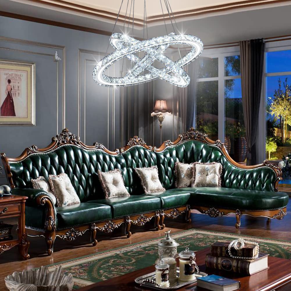 Modern LED Crystal Chandelier - 3 Ring Adjustable Ceiling Light Fixture with Cool White LEDs for Living Room, Dining Room, Bedroom & Hallway | Elegant Home Lighting for Parties, Weddings & Interior Decor
