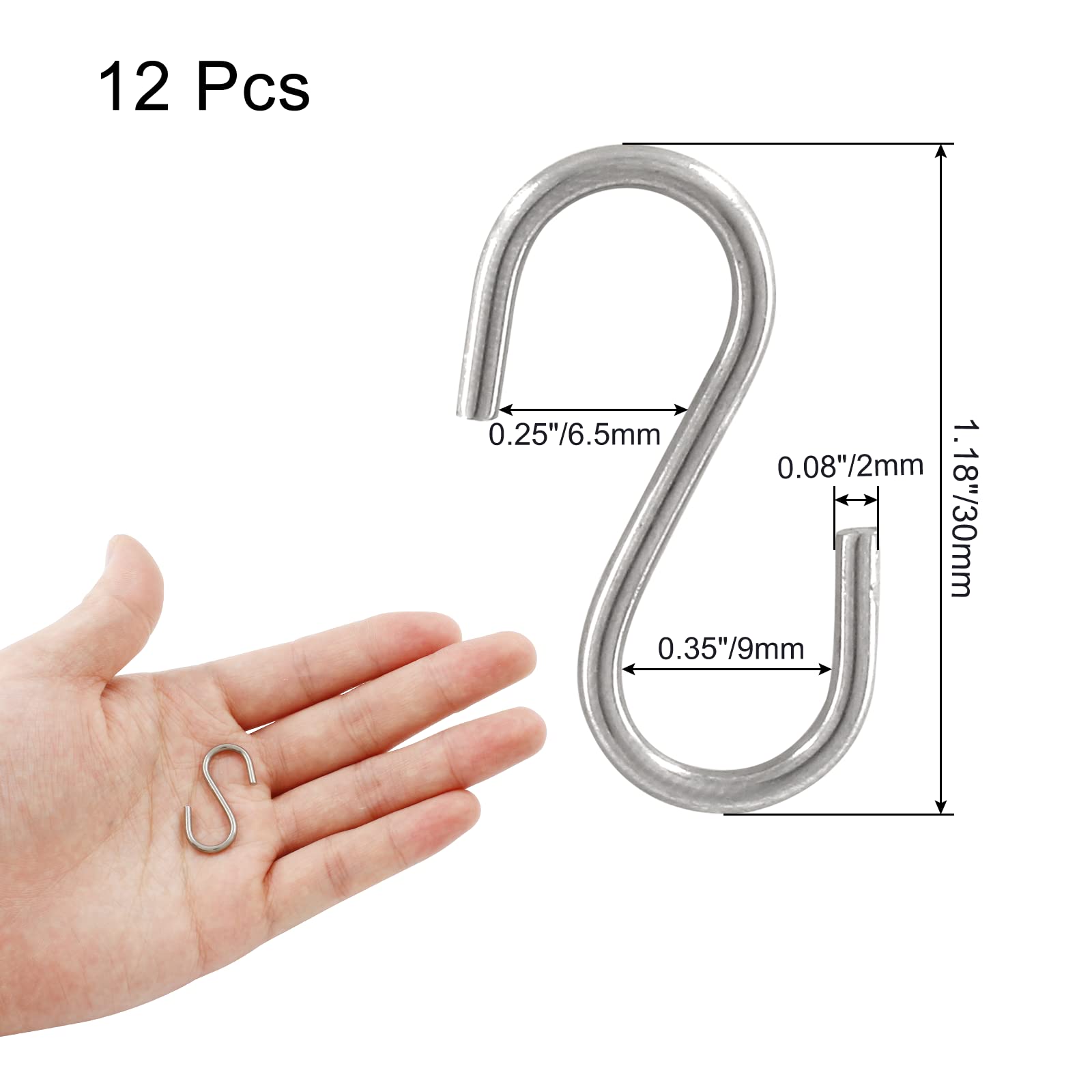 12-Pack Heavy Duty 304 Stainless Steel S-Hooks (0.08