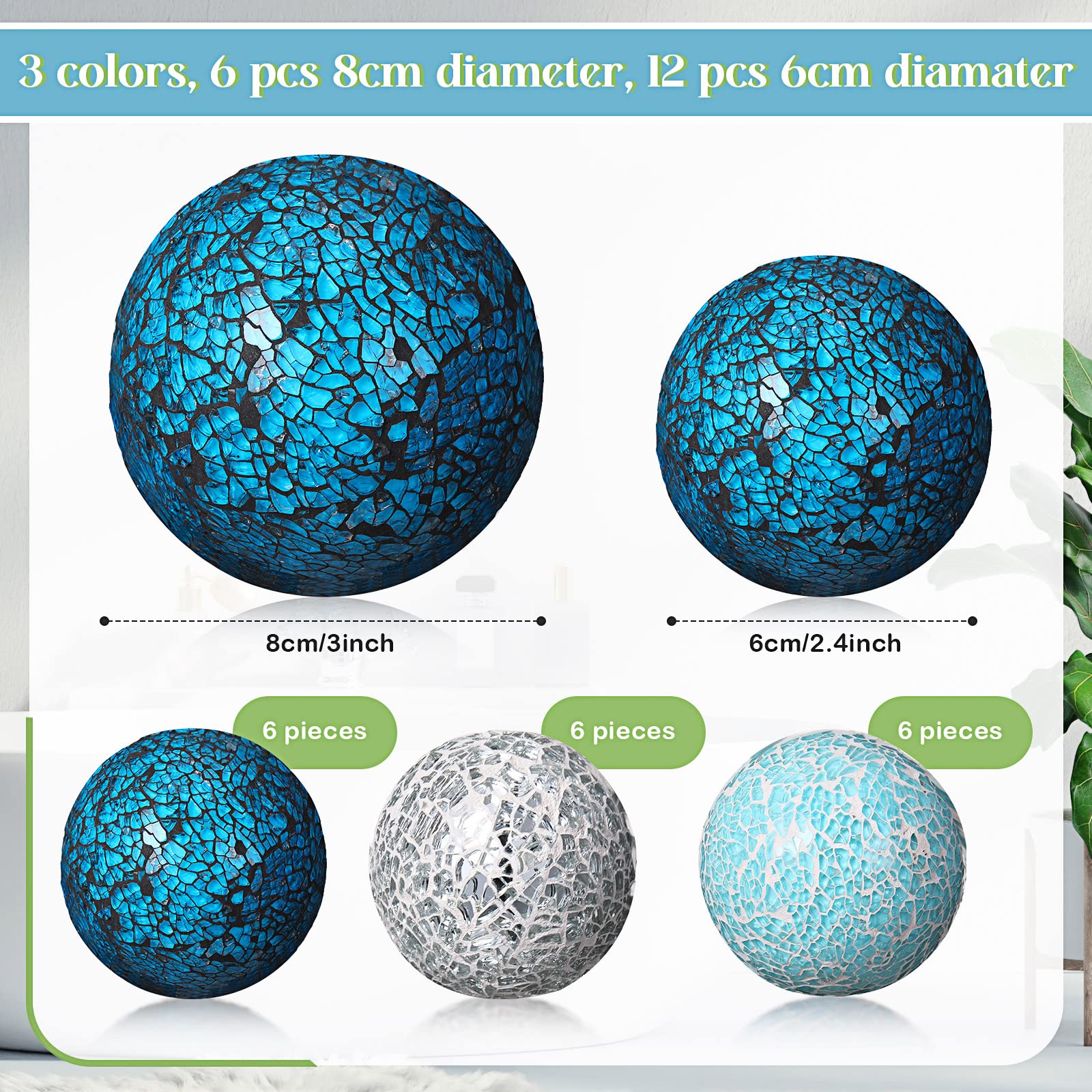 Jetec 18-Piece Blue Mosaic Glass Sphere Ball Set - Elegant Table Centerpiece, Vase Filler & Wedding Decor for Home, Party, and Event Decoration