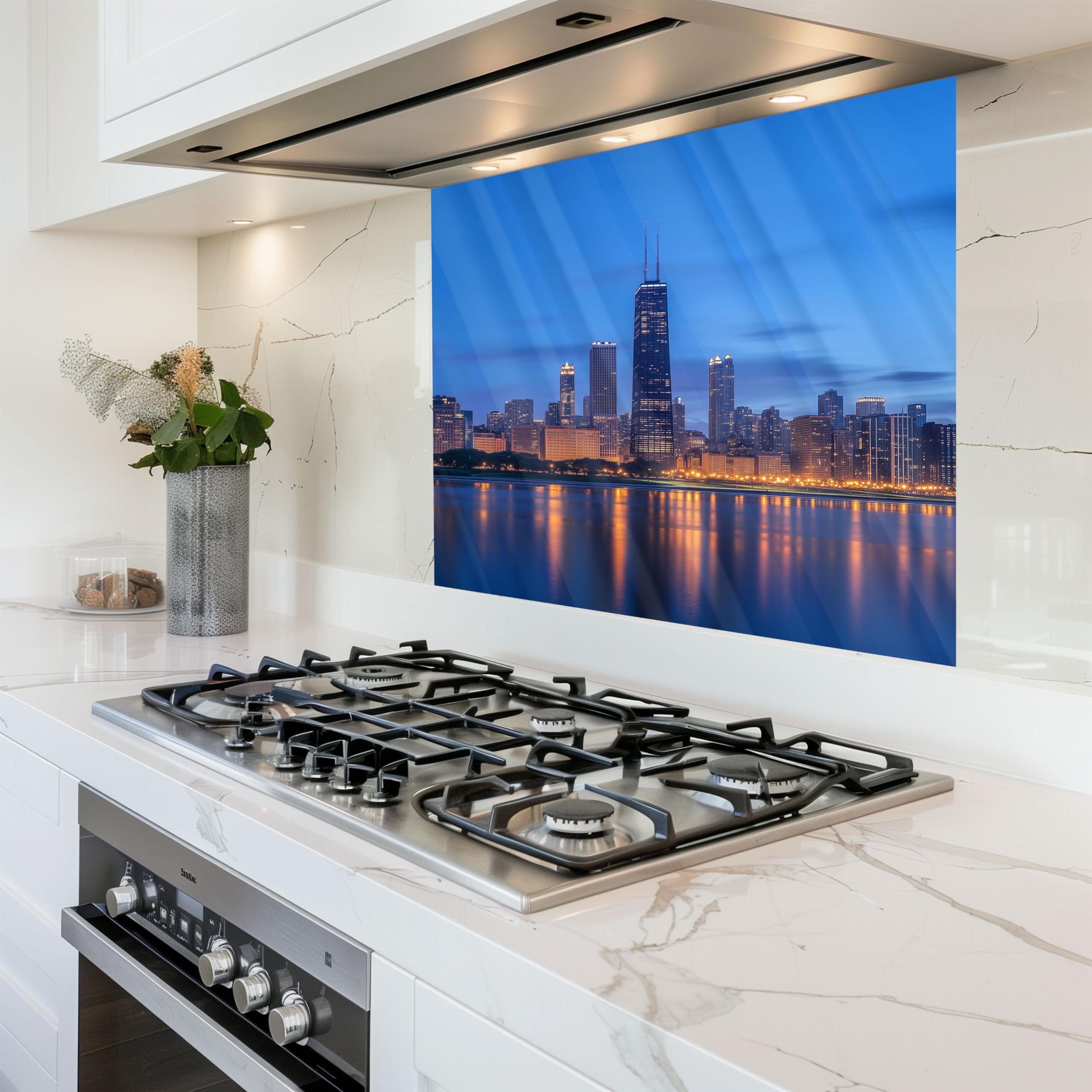 Chicago Skyline Tempered Glass Kitchen Backsplash - Peel and Stick Stove Backsplash, Easy to Clean & Heat Resistant - Perfect for Modern Kitchens, Behind Stove Protection & Stylish Home Decor