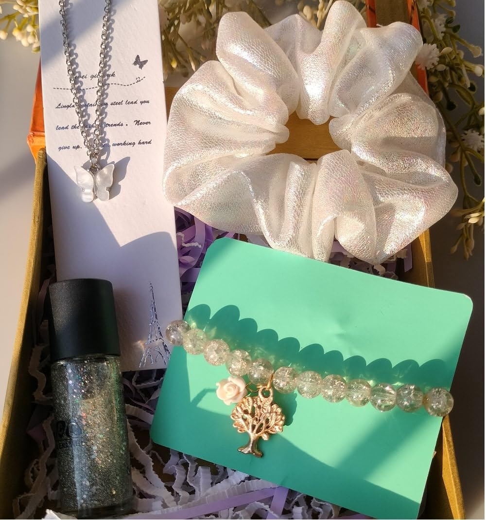 Elegant Aspire T White Gift Set for Women & Girls - Hair Scrunchies, Bracelet, Butterfly Necklace & Nail Polish in Gift Box | Birthday, Anniversary, Valentine's Day Present