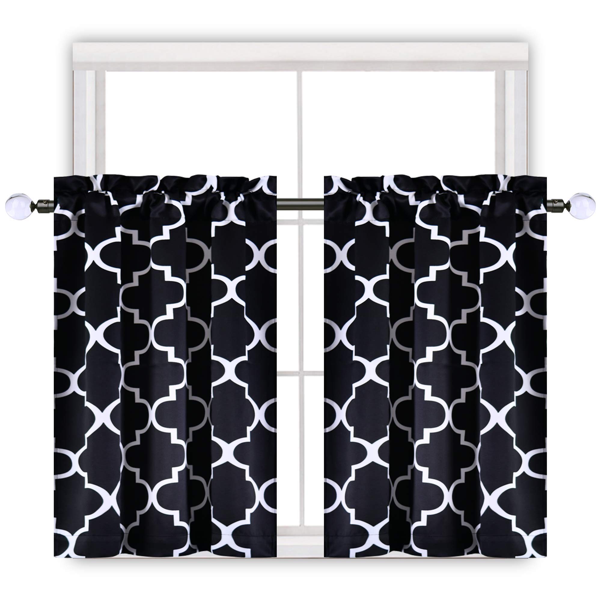 KEQIAOSUOCAI Blackout Window Curtains - Moroccan Geometric Lattice Design, Thermal Insulated Rod Pocket Valance for Kitchen, Living Room, Bathroom - 25x36 Inches (Black, 2 Panels) | Perfect for Small Windows, Cafes & Home Decor