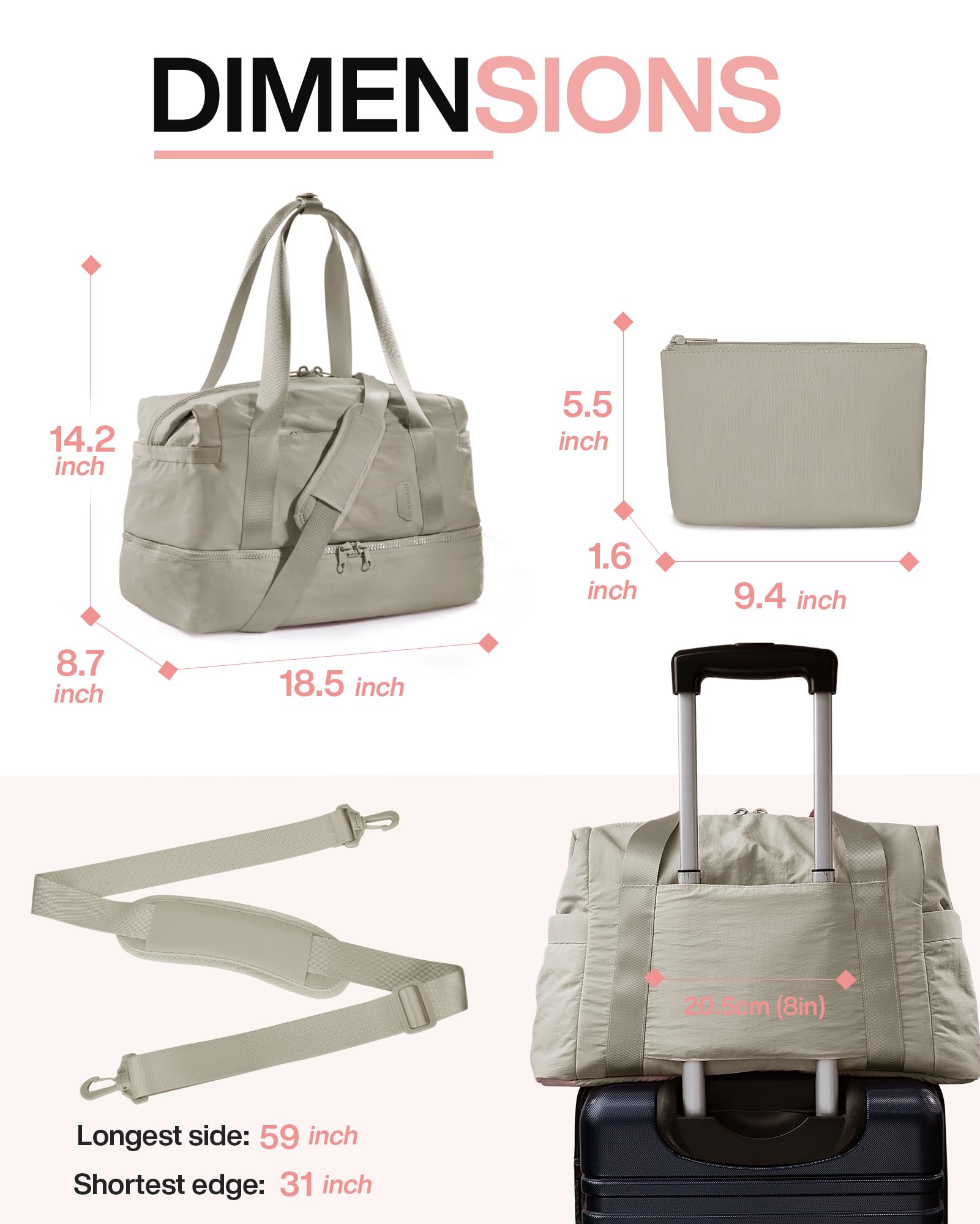 BAGSMART Women's Weekender Travel Duffel Bag with Shoe Compartment & Toiletry Bag - Airline Approved Carry On Overnight Tote for Gym, Work, Weekend Getaways (Beige, 2 Pack)