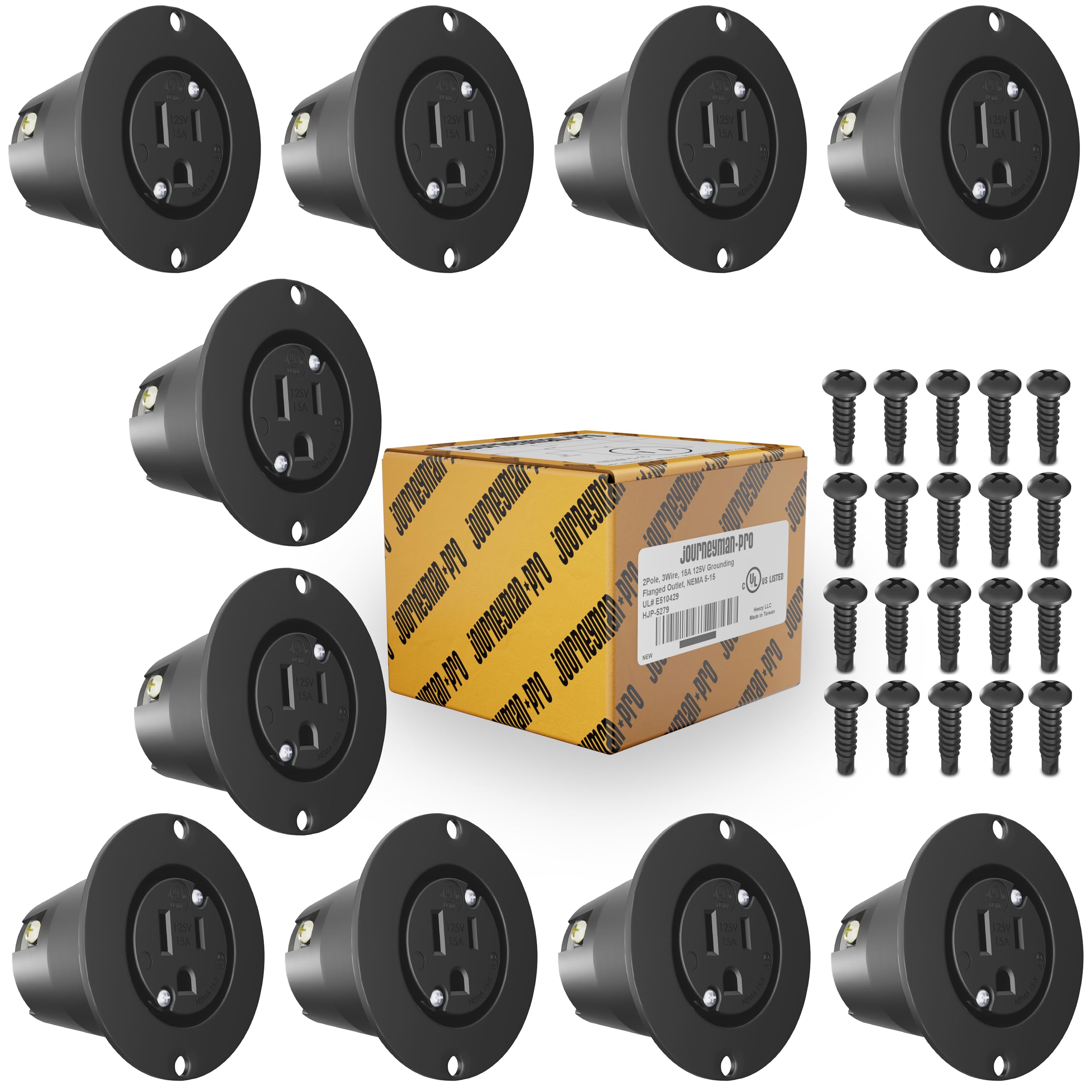 Journeyman-Pro 5279 15 Amp 120-125V NEMA 5-15 Flanged Outlet, Black Commercial Grade 2 Pole 3 Wire Straight Blade Plug (10-Pack) - Heavy Duty Electrical Receptacle for Workshops, Garages & Industrial Use