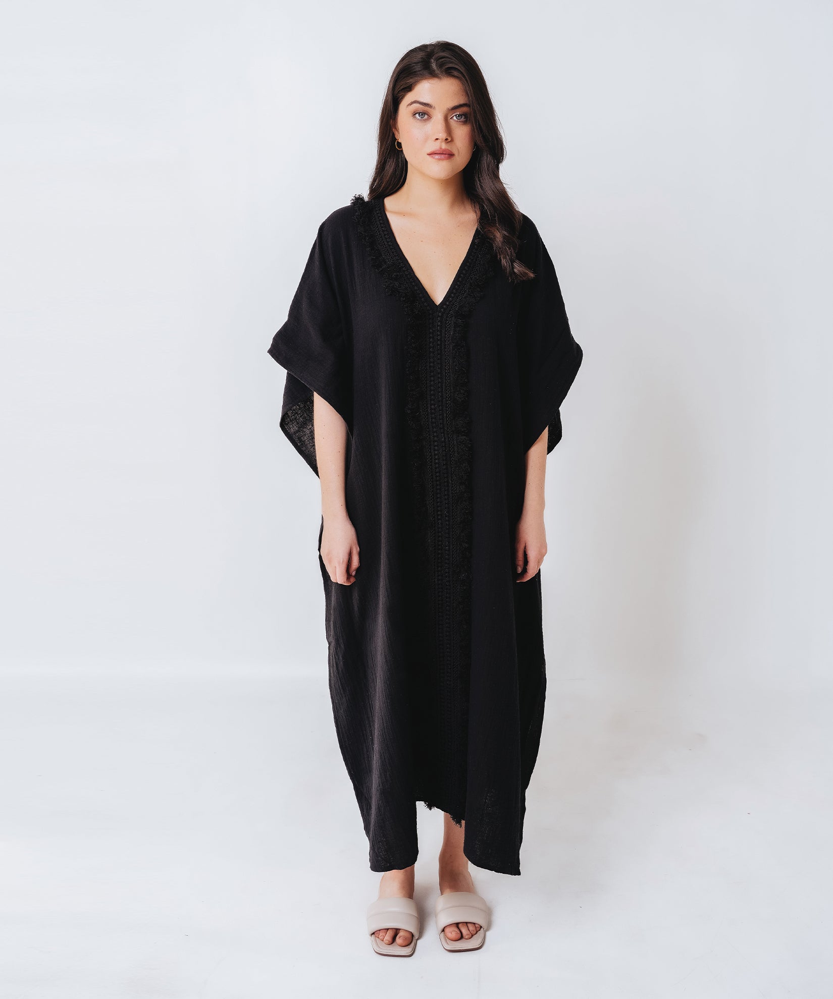 Breathable Double Gauze Maxi Caftan Dress with Delicate Lace Trim - Perfect for Beach Coverups, Summer Vacations & Boho Chic Outfits