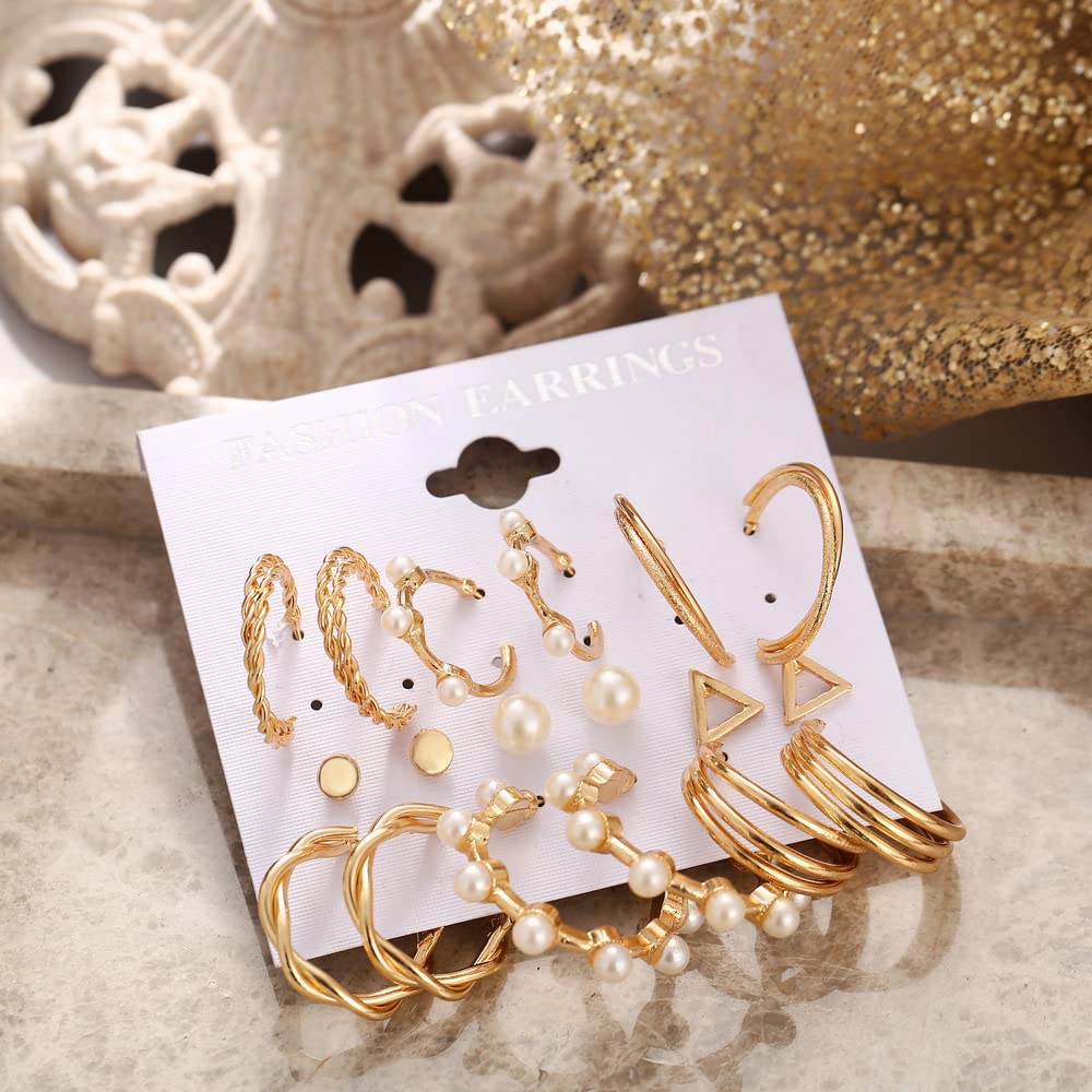 Golden Plated Triangle Pearl Stud & Twisted Hoop Earrings Set - 9 Pairs for Women & Girls | Elegant Jewelry for Parties, Weddings & Daily Wear