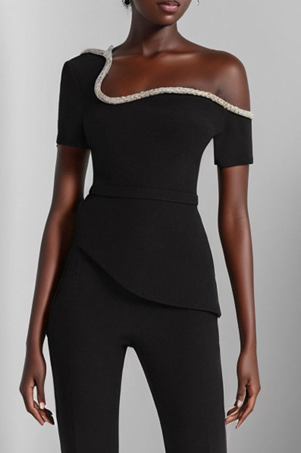 Stylish Solid Color Asymmetrical One-Shoulder Slim Waist Wide Leg Jumpsuit for Women | Perfect for Casual Outings, Parties & Summer Vacations