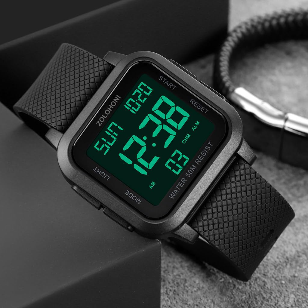 Square Men's Digital Watch - Large Face with Big Numbers, Waterproof LED Watch with Alarm, Date & Stopwatch - Perfect for Outdoor Sports, Running, Swimming & Daily Use