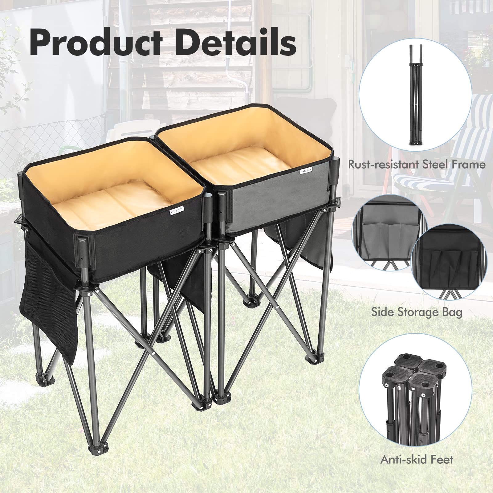 Goplus 2-Pack Folding Camping Tables - Portable Picnic Tables with Large Storage Sink, Side Pockets & Anti-Skid Feet - Lightweight Outdoor Tables for Hiking, Fishing, BBQ, Beach, Tailgating & Backyard Parties (Black & Grey)