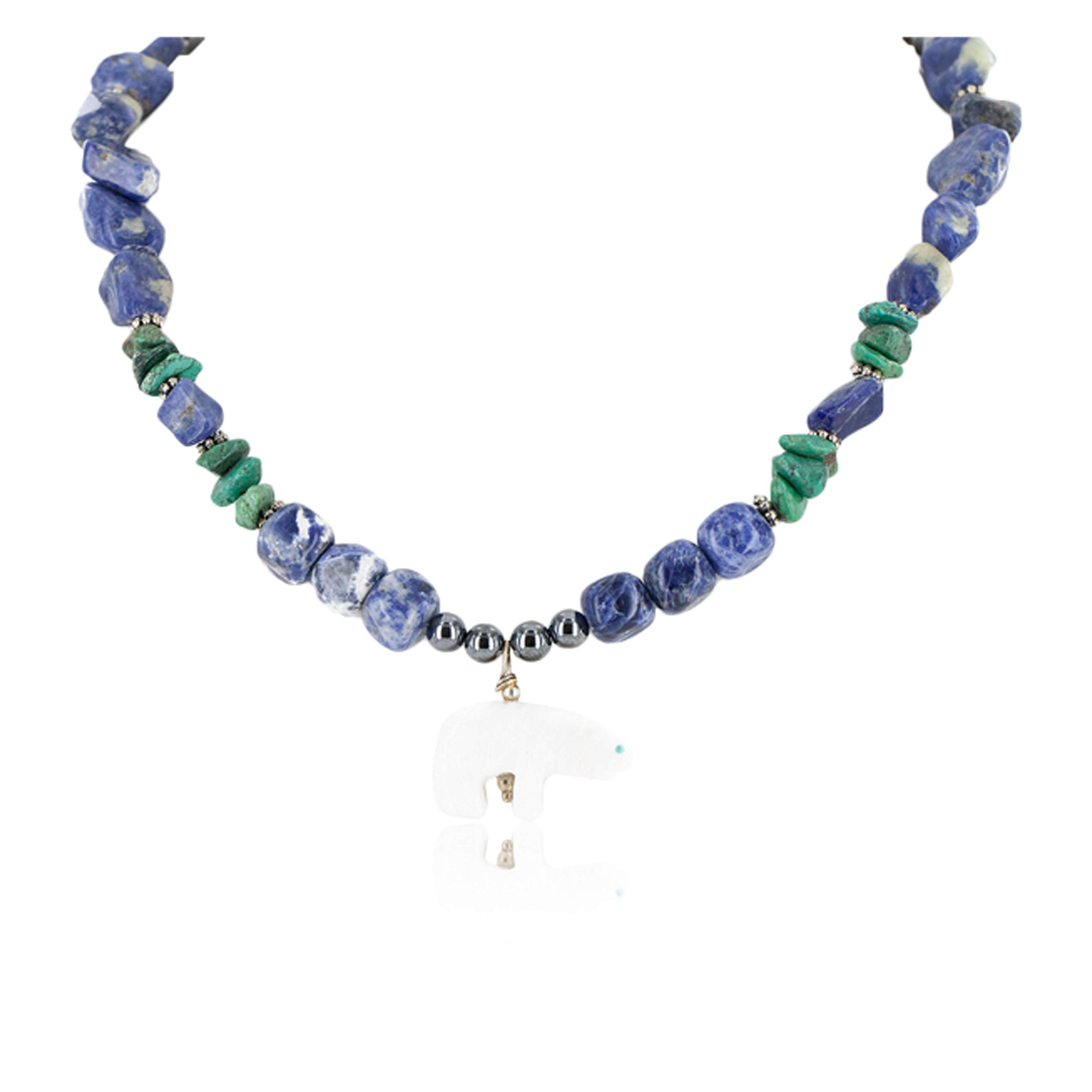 Authentic Navajo Turquoise Lapis Bone Native American Necklace - Handmade by Loma Siiva - Tag Certified Bear Silver Jewelry - Perfect for Powwows, Weddings & Southwest Fashion