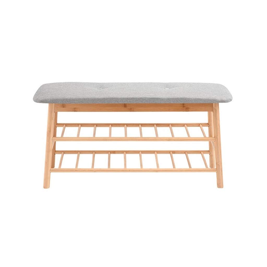 TOMYEUS Grey Linen Upholstered 2-Tier Shoe Rack Bench - 90cm Wide Entryway Storage Organizer for Hallway, Living Room & Bedroom - Durable Shoe Bench with Comfortable Seating for Home & Office Use