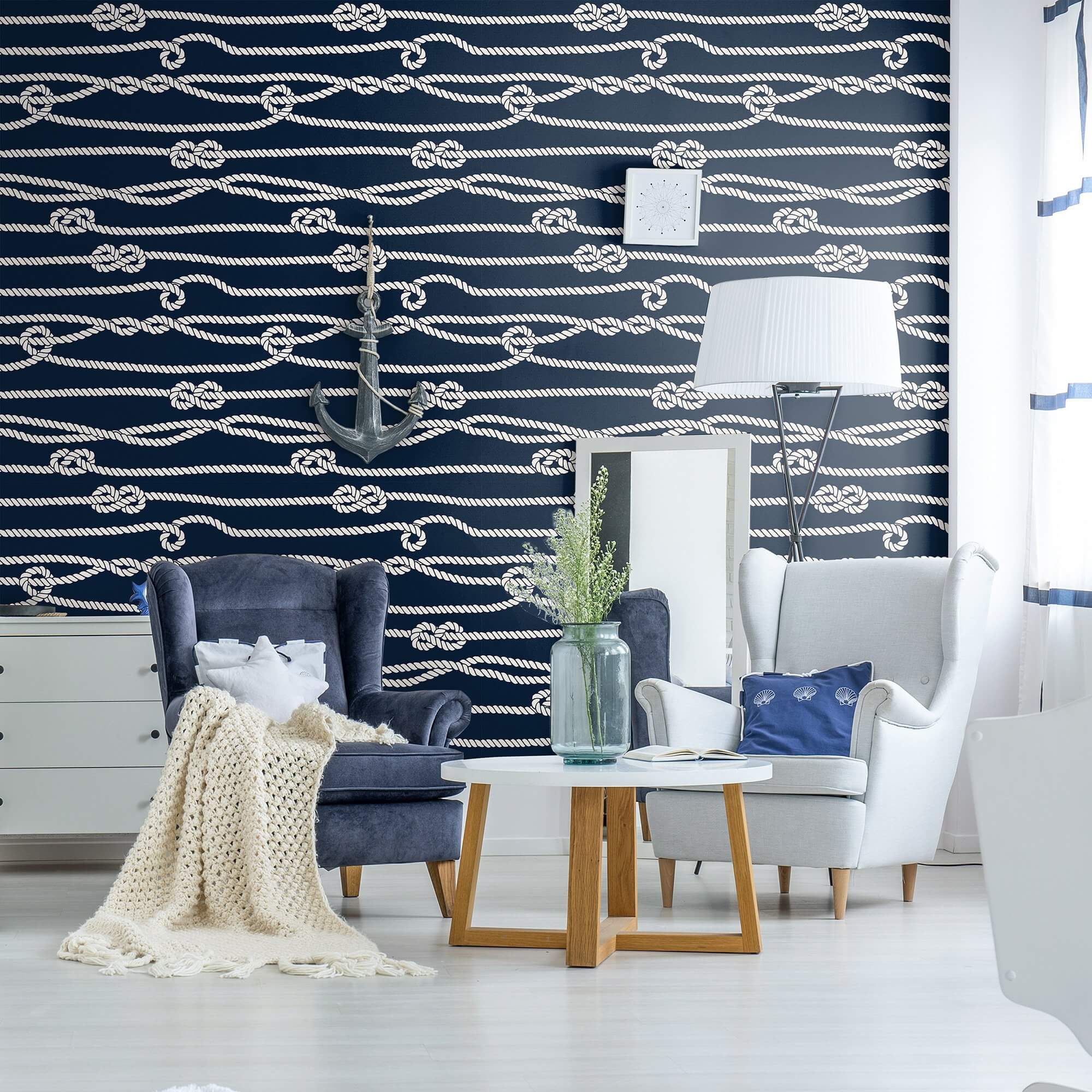 Blue and White Nautical Striped Peel and Stick Removable Wallpaper - Self-Adhesive Decorative Wall Covering for Bedroom, Bathroom, Kitchen & Nursery Decor