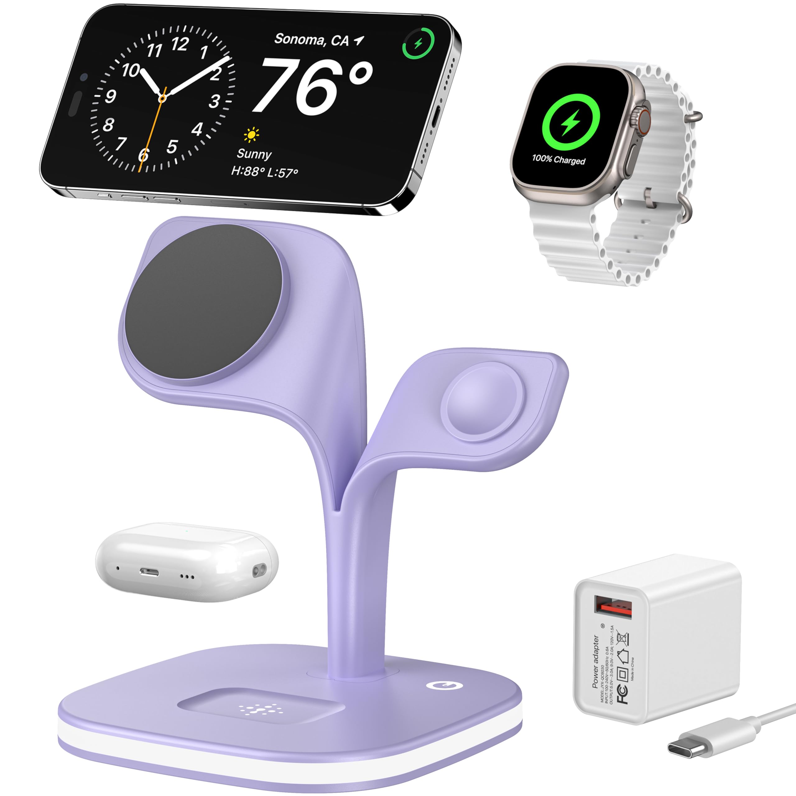 EXW 5-in-1 Magnetic Wireless Charging Station - Fast Mag-Safe Charger Stand for iPhone 16/15/14/13/12 Pro/Max/Mini/Plus, Apple Watch Series 9/8/7/6/SE/5/4/3/2 & AirPods - Purple | Perfect for Home, Office & Travel Charging Needs