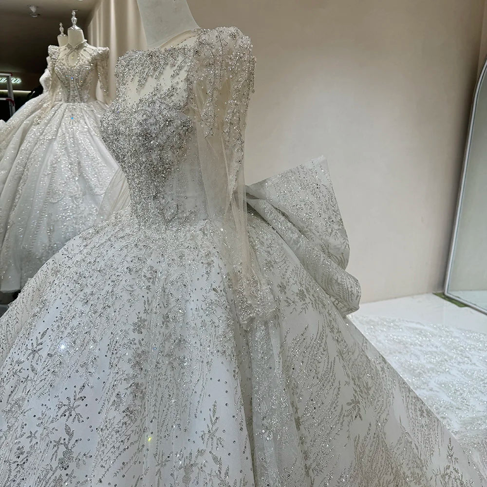 Elegant Sequined Wedding Dress with O-Neck, Long Sleeves & Chapel Train - Perfect for Bridal Ceremony, Chapel Wedding & Formal Evening Events