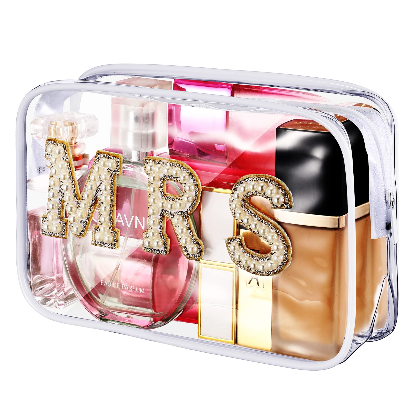 LEIFIDE Clear Bridal Makeup Bag - Rhinestone Letter PVC Travel Cosmetic Case for Bride, Bachelorette & Mrs - Perfect for Wedding, Honeymoon & Travel Toiletries - Transparent Wifey Pouch & Purse