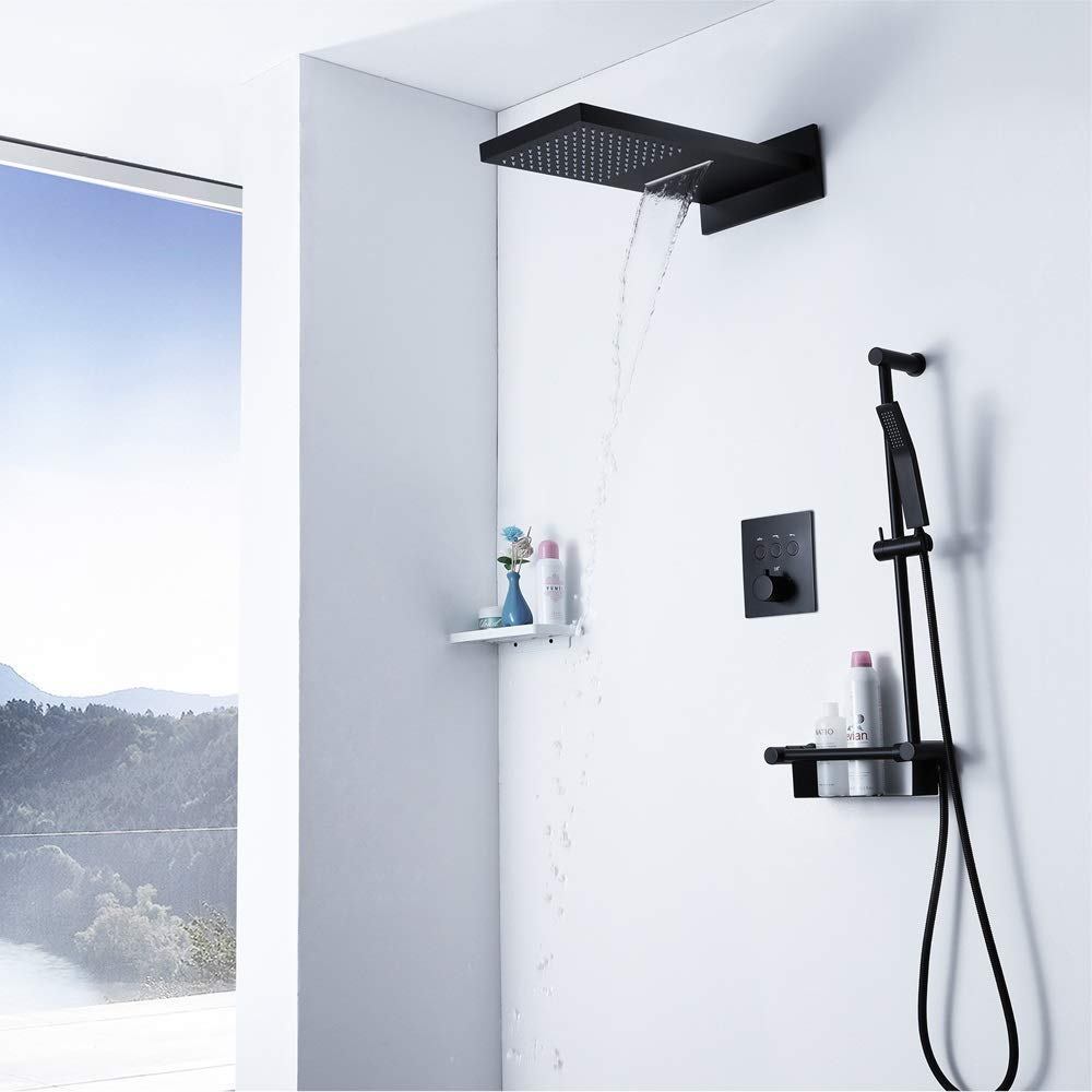 YYHEN Concealed Black Copper Thermostat Waterfall Shower Faucet Rack - Premium Bathroom Fixture for Modern Spa-Like Shower Experience | Perfect for Master Bathroom Renovation & Luxury Hotel Style Upgrades