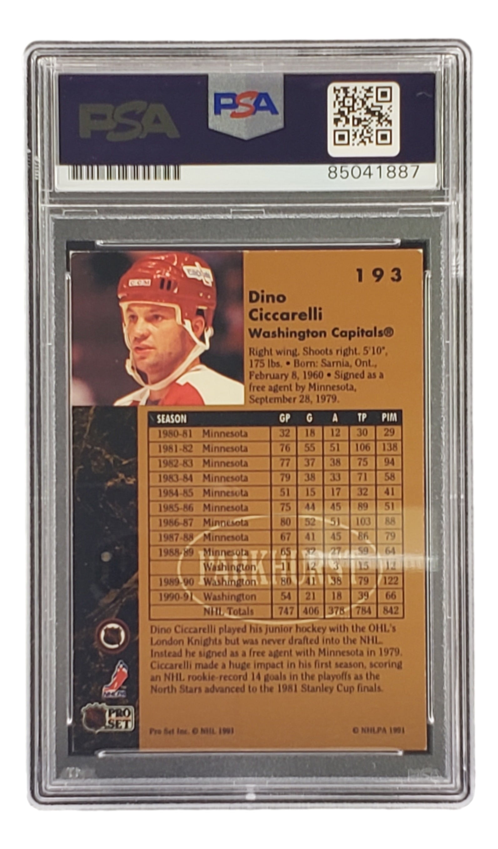 Dino Ciccarelli Autographed 1991 Pro Set #193 Washington Capitals Hockey Card - PSA/DNA Certified - Perfect for NHL Collectors & Hockey Memorabilia Displays