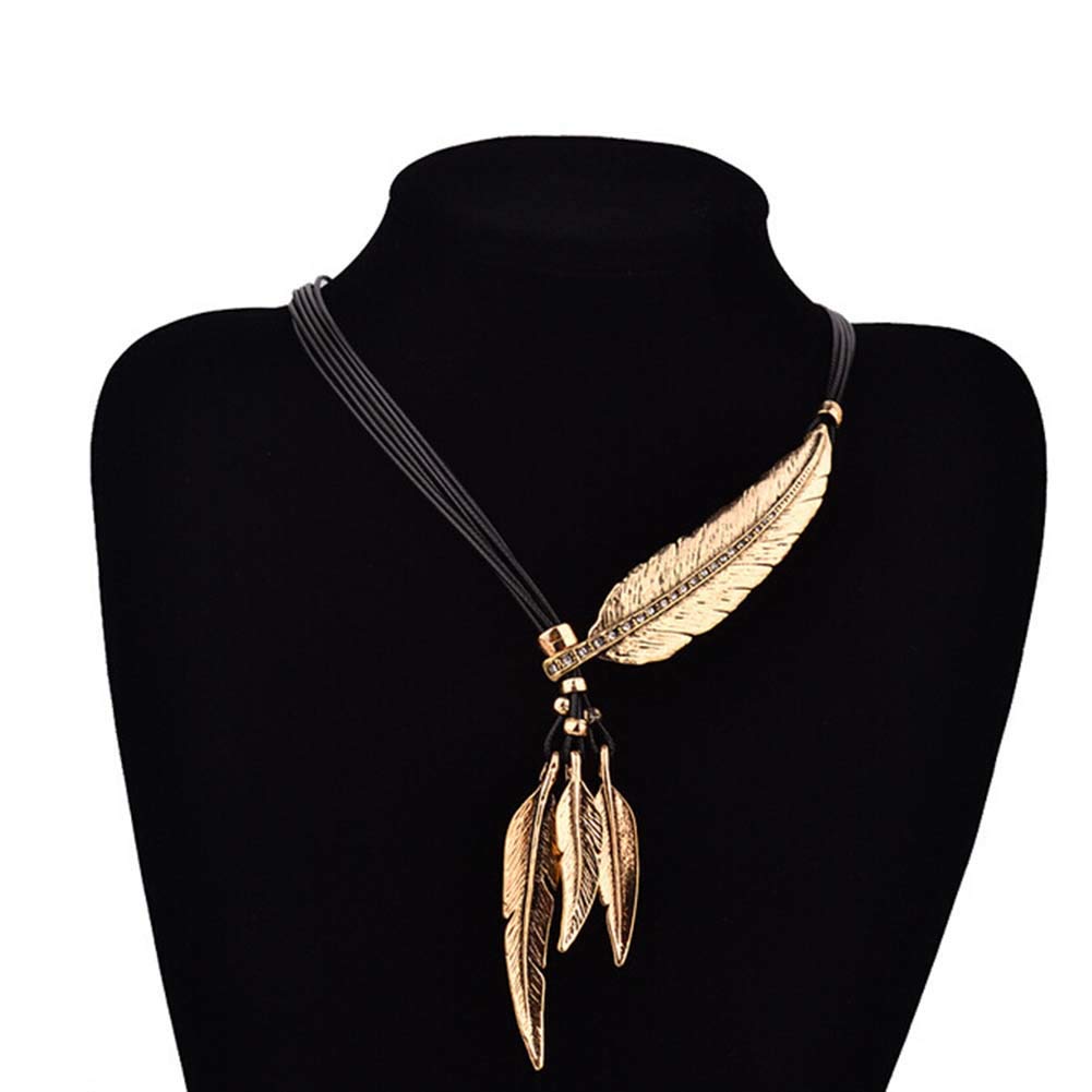 Boho Feather Pendant Necklace for Women - Rhinestone & Leather Cord Choker - Perfect for Music Festivals, Beach Parties & Boho Fashion