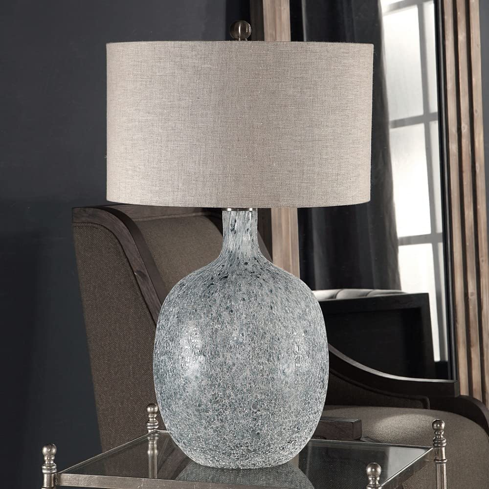 Tall Textured 1 Light Glass Table Lamp with Beige Linen Drum Shade - 3-Way Switch for Living Room, Bedroom & Office Lighting