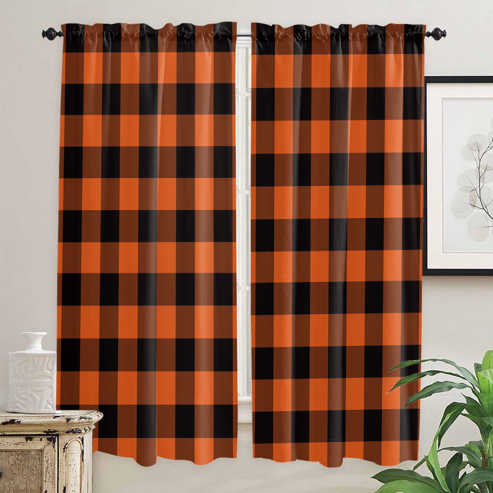Halloween Black & Orange Plaid Kitchen & Bathroom Curtains - 52x72 Inch Rod Pocket Privacy Drapes, 2 Panels for Small Windows, Living Room & Cafe Decor | Perfect for Seasonal Home Decor & Party Themes