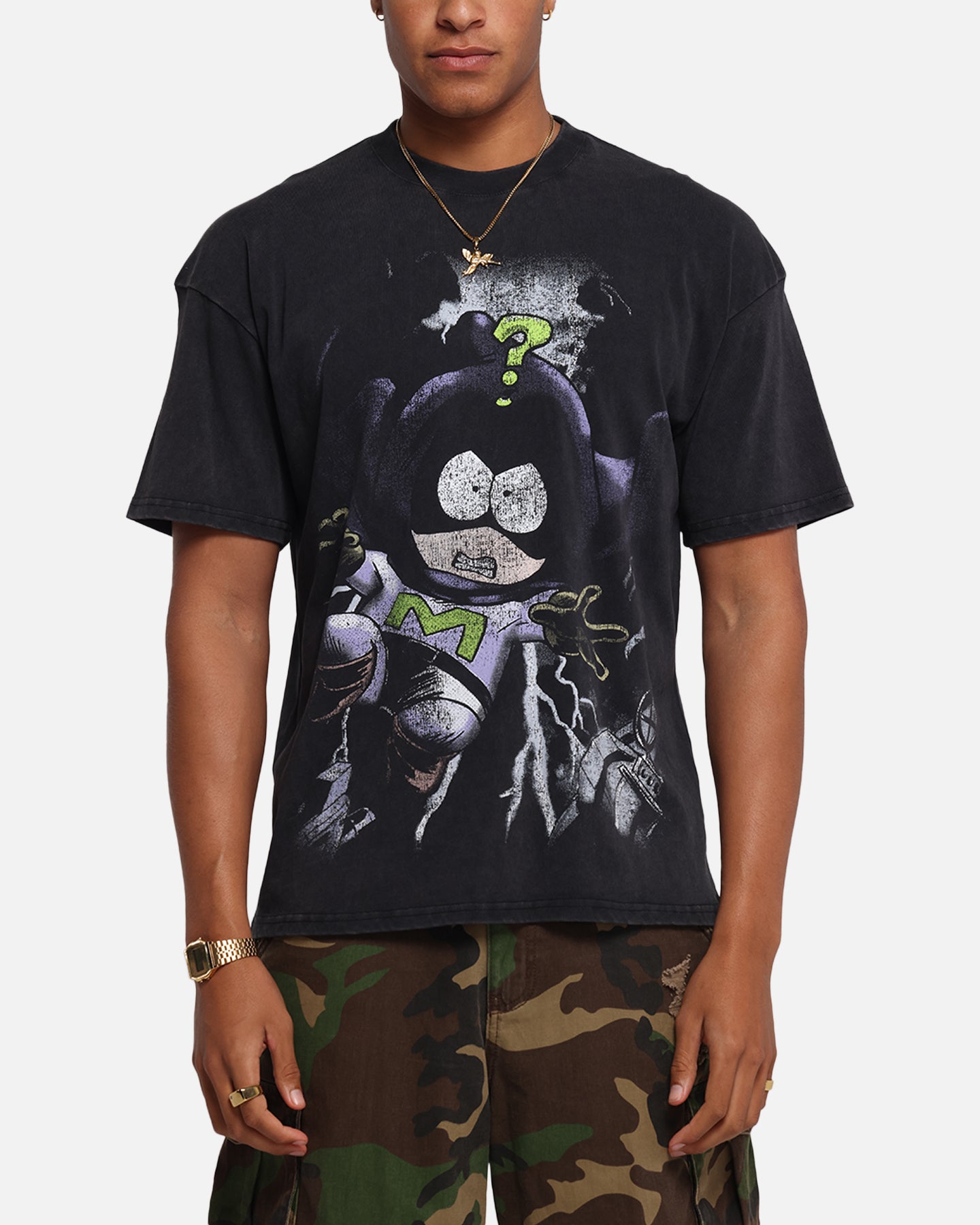 Vintage South Park Mysterion Graphic T-Shirt - Black Acid Wash Distressed Tee for Men | Cartoon Character Apparel | Perfect for Cosplay, Comic Con & Casual Wear