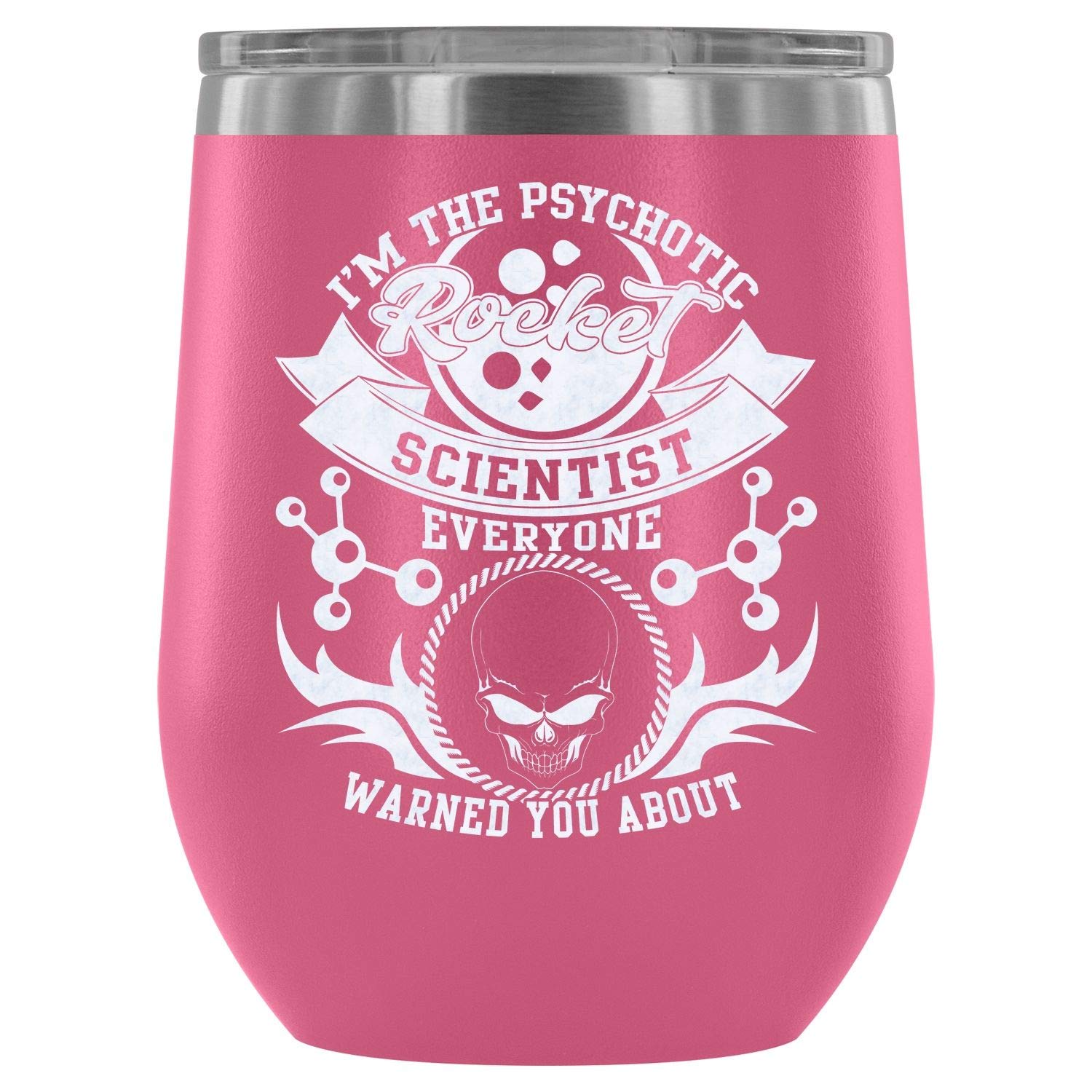 Vacuum Insulated Steel Stemless Wine Tumbler - 12Oz Pink Crazy Rocket Scientist Design | Perfect for Outdoor Picnics, Parties & Gifts for Science Lovers