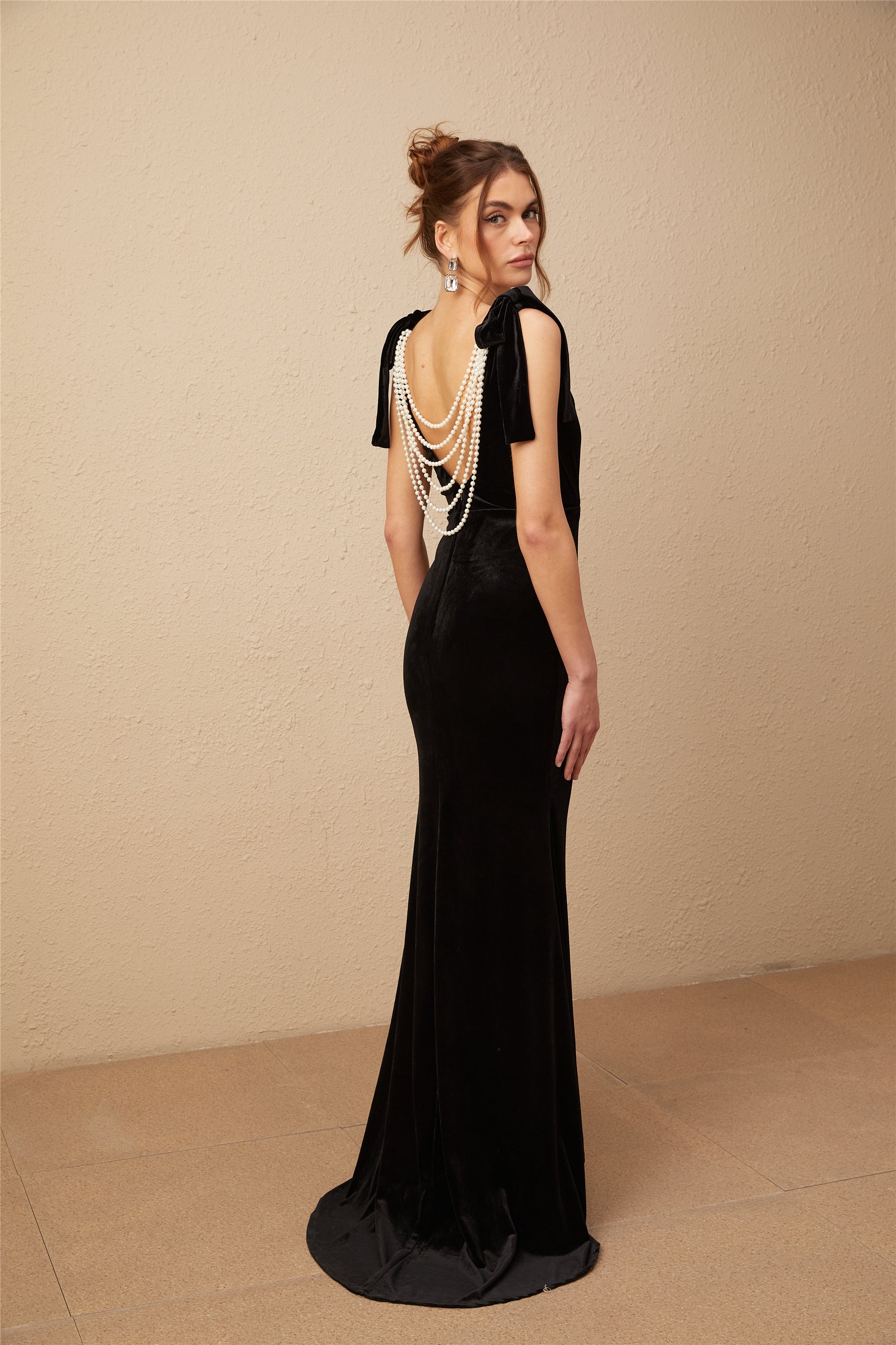 Elegant Audrey Embellished Velvet Open Back Maxi Dress for Women - Perfect for Evening Parties, Weddings & Special Occasions