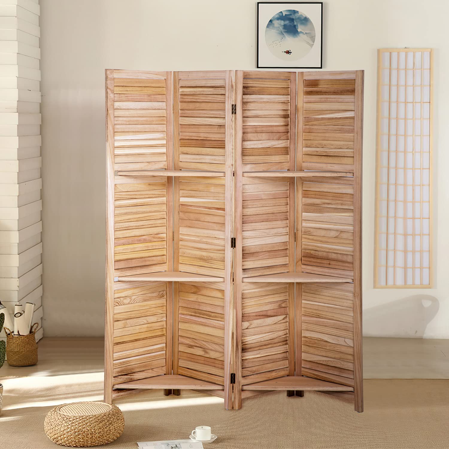 4-Panel Wooden Room Divider - Freestanding Folding Privacy Screen with Removable Storage Shelves | Portable Partition Wall for Home Office & Living Room (Natural Finish) - Perfect for Creating Private Spaces in Studios, Apartments and Workspaces