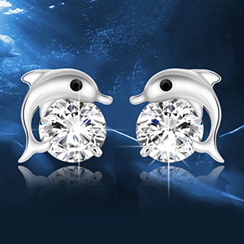 Stylish Dolphin Stud Earrings for Women - 925 Sterling Silver White Gold Plated Nautical Jewelry | Perfect Beach Vacation Gift, Summer Accessories & Ocean-Themed Fashion