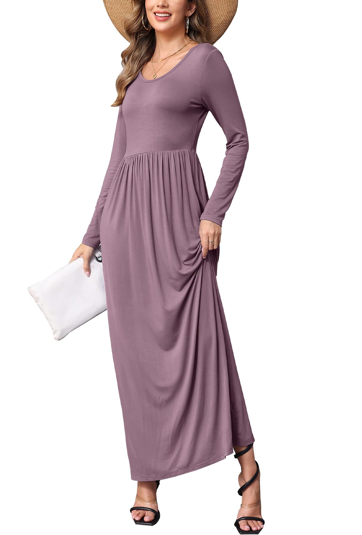 EUOVMY Women's Long Sleeve Maxi Dress - Loose Fit Casual Midi Dress with Pockets | Perfect for Beach, Travel, and Everyday Wear