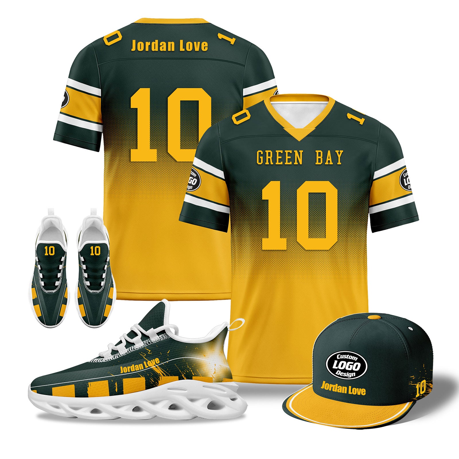 Custom Green & Yellow Green Bay Packers Football Shoes & Hat Combo - Personalized Fan Gear for Men & Women | Game Day Outfit, Tailgating & Sports Events
