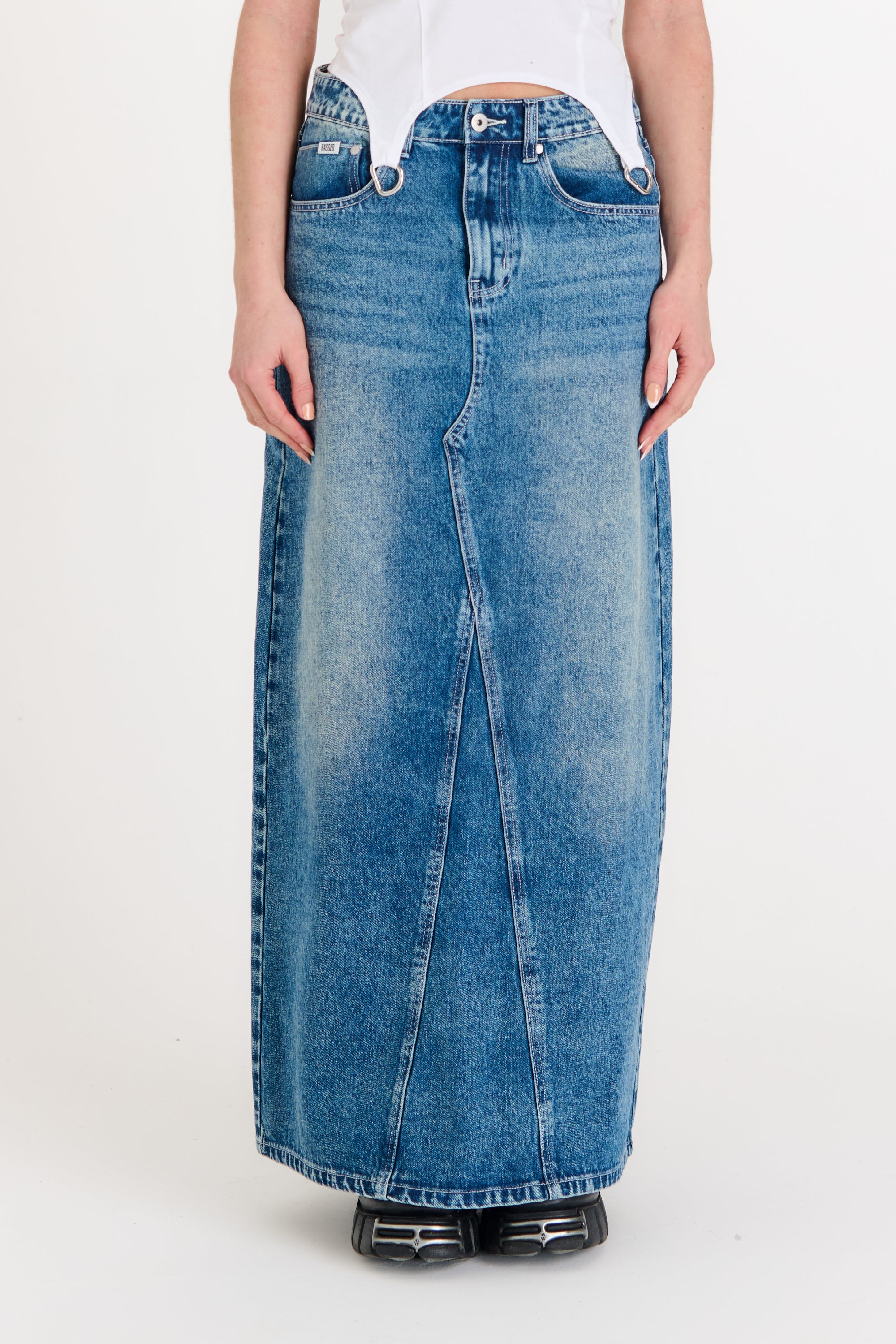Vintage Washed Denim Maxi Skirt for Women - High Waisted A-Line Long Denim Skirt - Boho Chic Retro Style - Perfect for Casual Outfits, Music Festivals & Date Nights