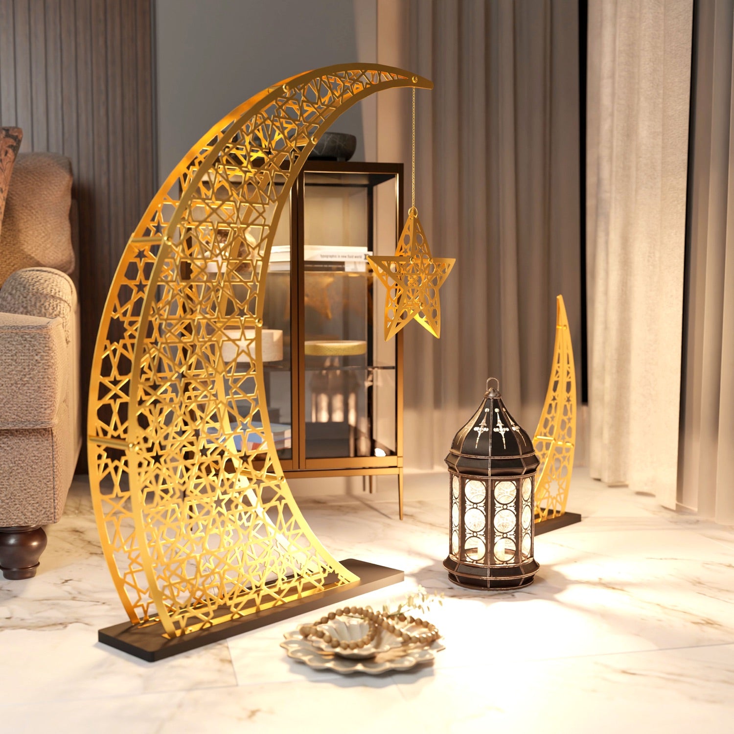 Elegant Crescent & Star Ramadan Decor - Metal Islamic Wall Hanging for Home, Mosque & Eid Celebration Decorations
