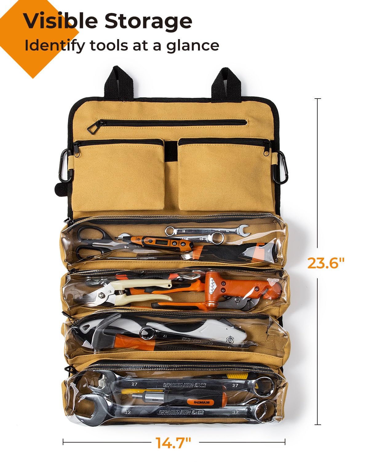 Heavy Duty 18oz Canvas Tool Roll Bag with 4 Clear Pockets & 2 Detachable Pouches - Professional Organizer for Mechanics, Electricians, DIY Enthusiasts - Perfect for Workshop, Garage, and On-the-Go Repairs