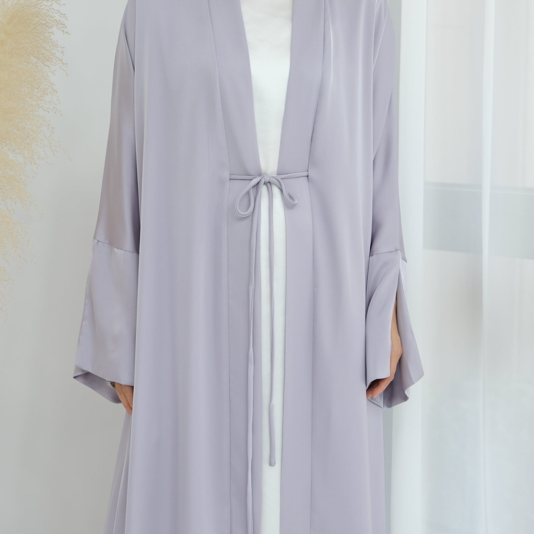 Lavinia Satin Open Abaya - Elegant Muslim Prayer Dress in Soft Lavender | Perfect for Prayer, Mosque, and Special Occasions
