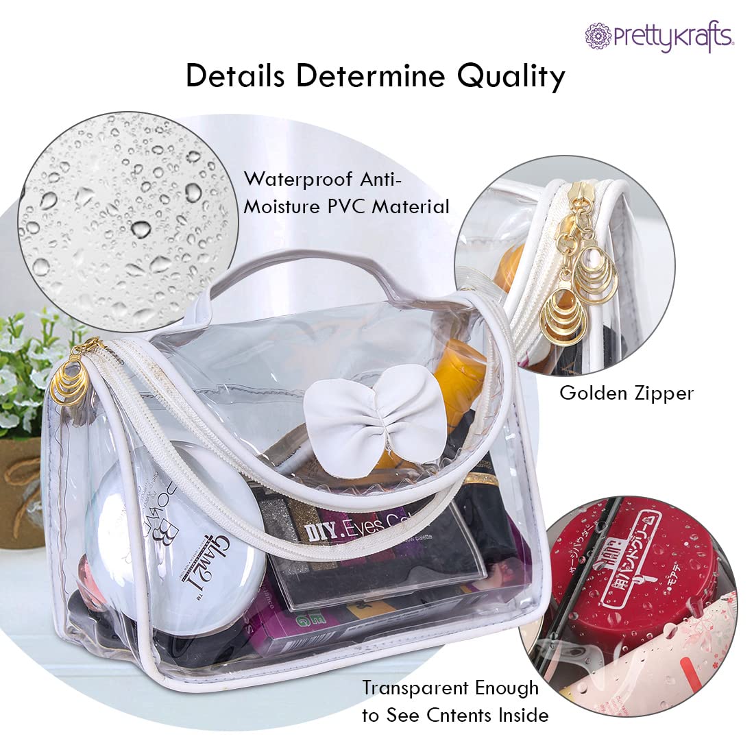 PrettyKrafts Clear Waterproof Toiletry Bag - Travel Cosmetic Organizer Case for Women & Men - Portable Makeup Storage Pouch (White Transparent) - Perfect for Air Travel, Gym, Camping & Daily Essentials Organization