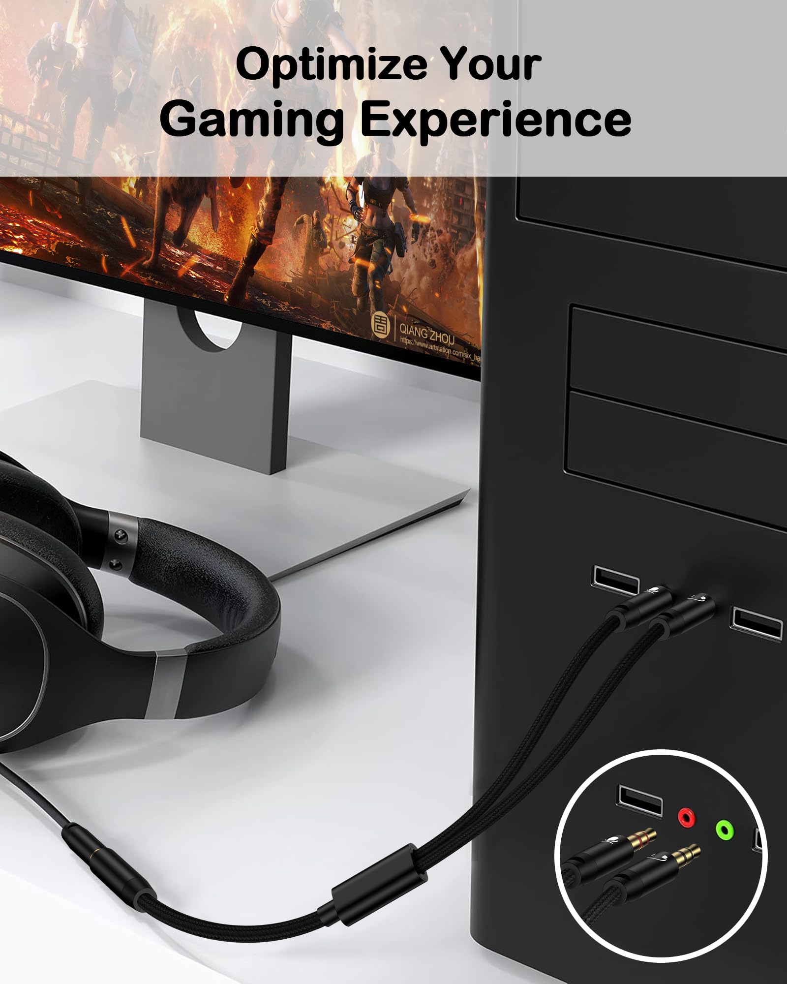 Braided 3.5mm Female to Dual Male Audio Splitter - 2-in-1 Headphone Mic Y Adapter for PC, Gaming Headset, Laptop & Speakers | Aux Cable Converter for Clear Audio & Mic Separation | Perfect for Online Gaming, Video Calls & Music Streaming