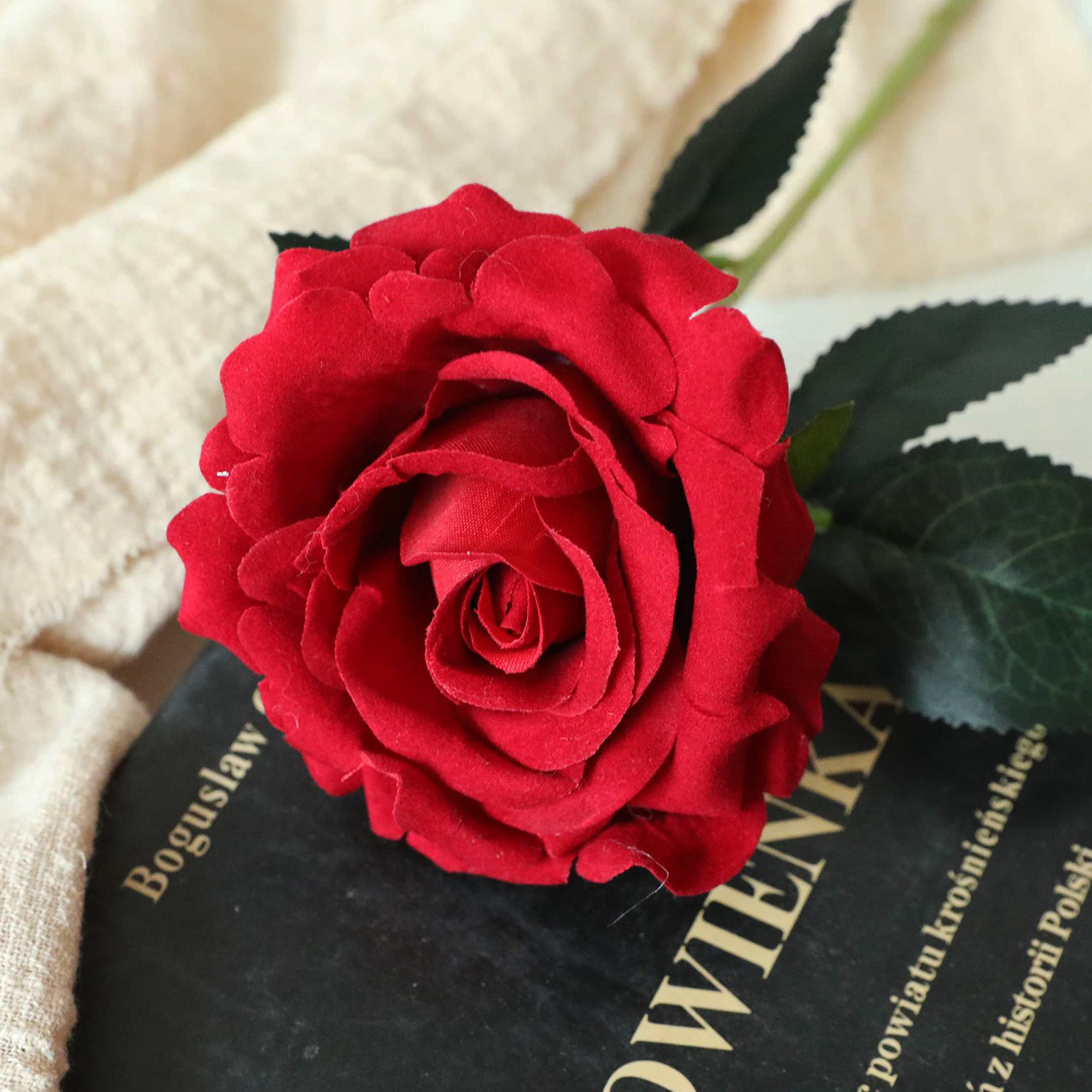 12pcs 12 Inch Velvet Rose Artificial Flowers with Stem and Leaves - Realistic Velvety Floral Stems for Home Decor, Wedding Centerpieces, DIY Bouquets, Table Arrangements (Red)