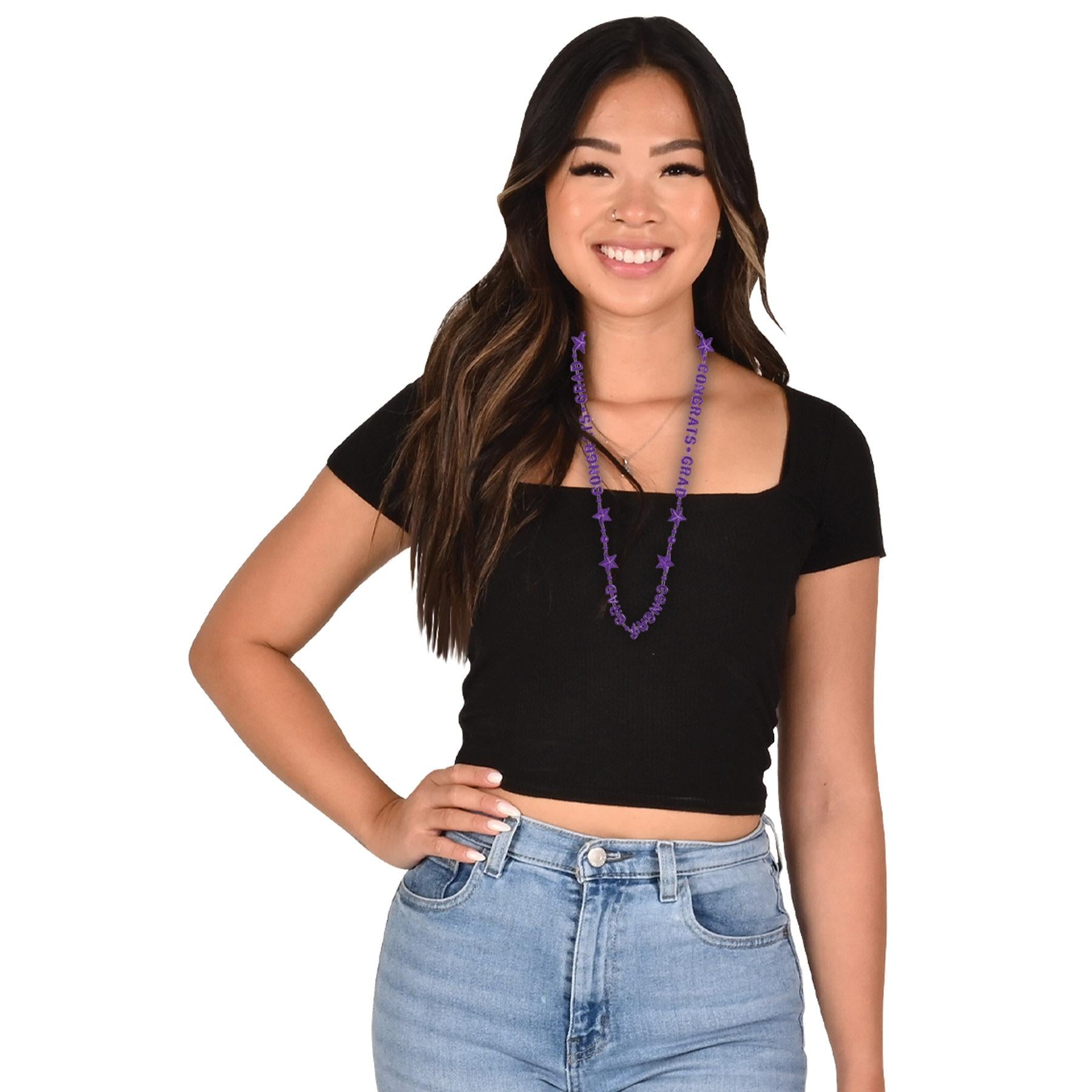 12 Pack Purple Graduation Bead Necklaces - Bulk Congrats Grad Party Supplies for Ceremony, School Events & Celebrations