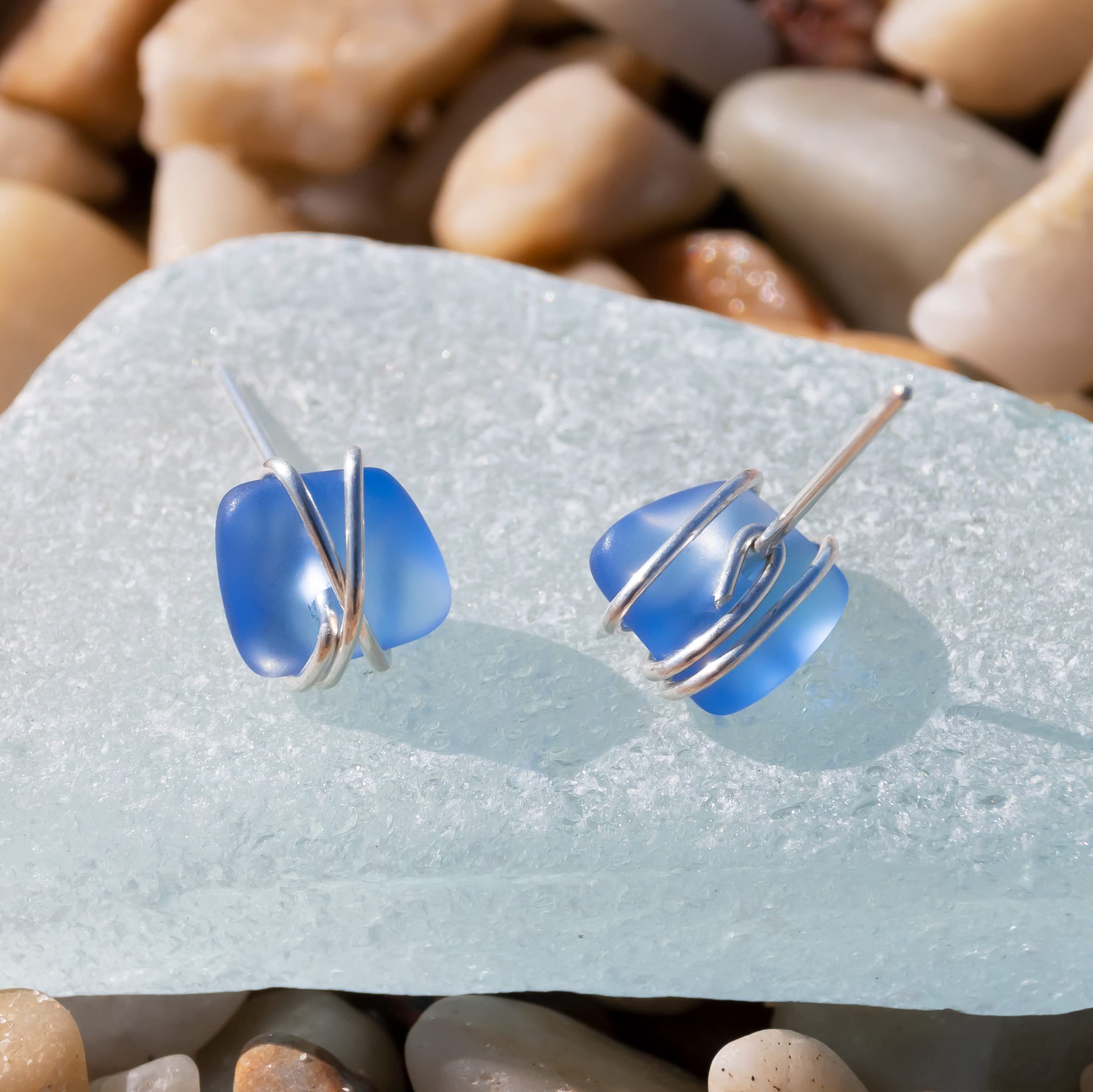 Hypoallergenic Sterling Silver Sea Glass Stud Earrings for Women - Handmade Dark Blue Beach Glass Post Earrings - Perfect for Beach Weddings, Summer Outfits & Gift Giving