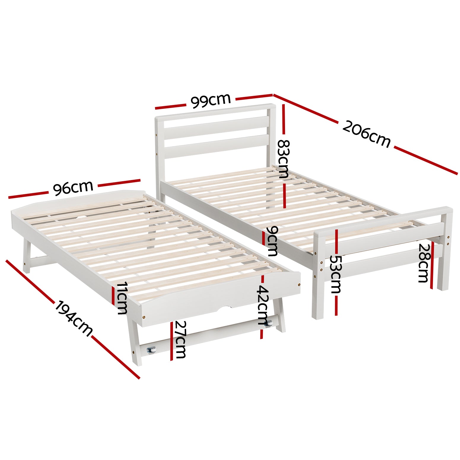 White Avis Wooden Trundle Single Bed Frame - Space-Saving Twin Size Guest Bed with Storage Drawer, Perfect for Kids Room, Guest Bedroom & Small Apartments