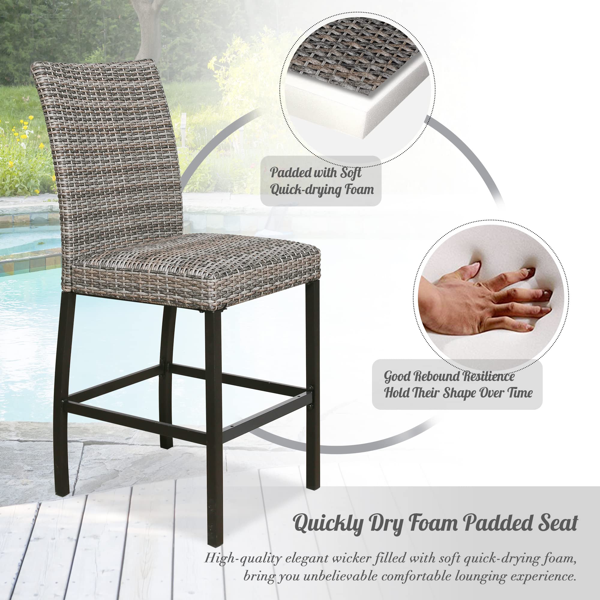 4-Pack Outdoor Wicker Bar Stools with Padded Seats - Waterproof Patio Bar Chairs for Backyard, Poolside & Deck (Set of 4) - Perfect for Outdoor Dining, Entertaining & Relaxing