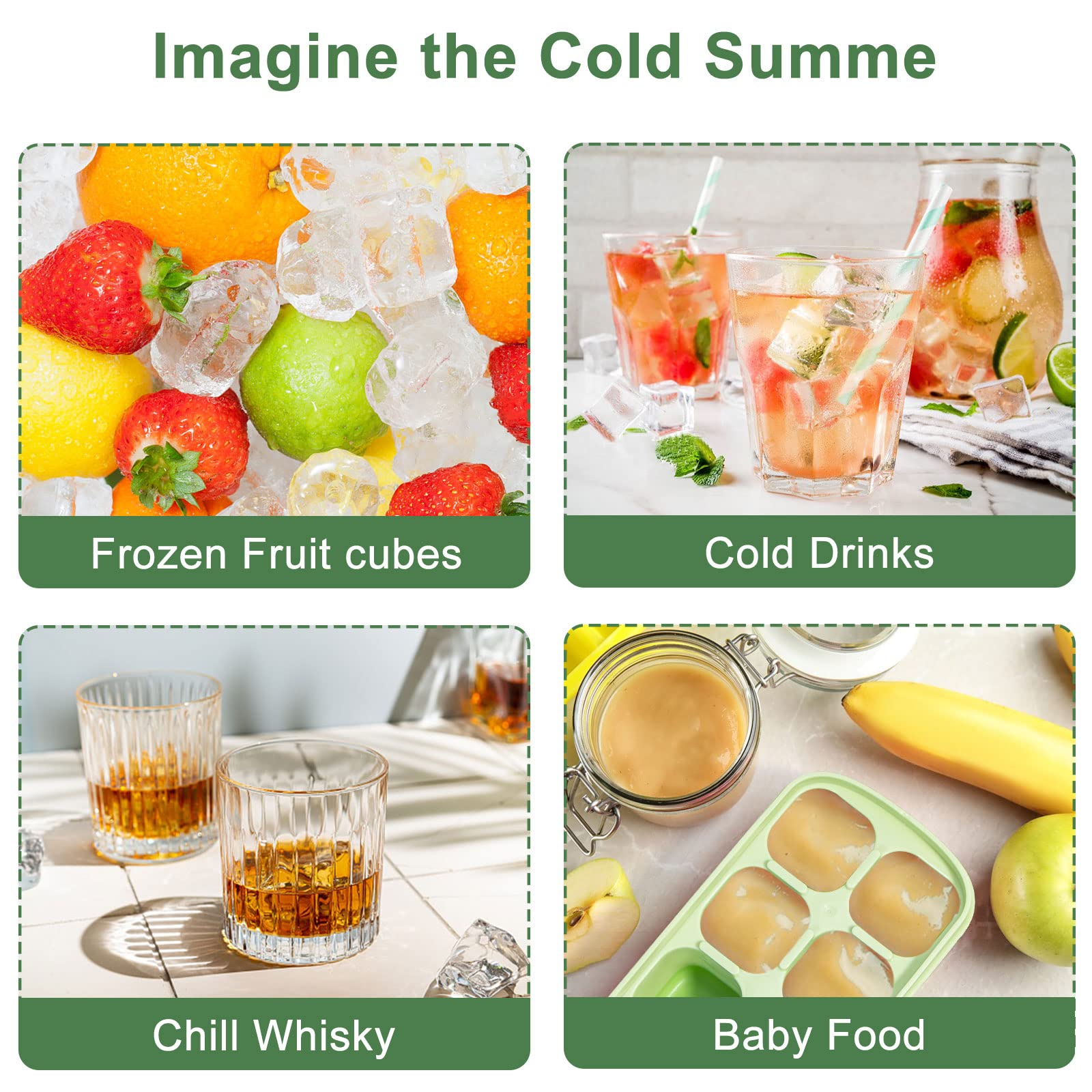 Yeeco 4-Pack Mini Silicone Ice Cube Trays with Lid - 5.6”×2.8”×1.4” Small Ice Cube Molds (8 Cubes Each) - Easy Release for Mini Fridge, Cocktails, Whiskey & Beverages - Perfect for Home Bars, Parties & Office Use (Green)