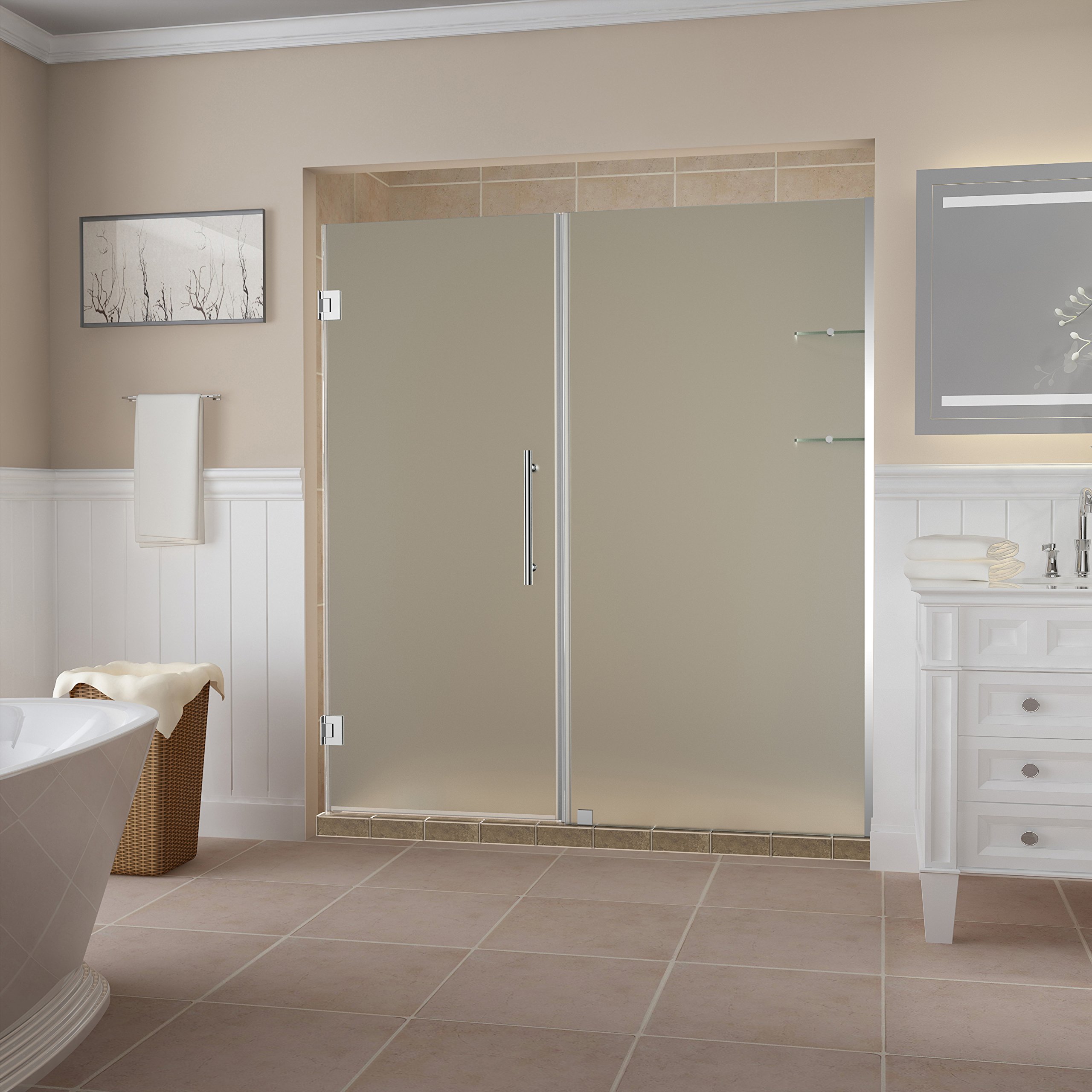 Frosted Glass Frameless Hinged Shower Door with Shelves - Aston Belmore GS Series - Perfect for Modern Bathroom Renovations and Spa-Like Showers
