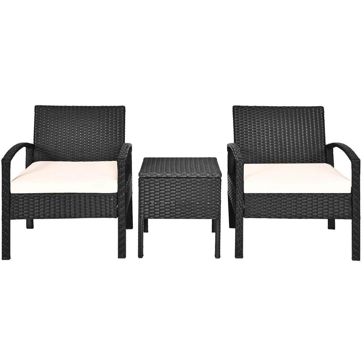 3-Piece Outdoor Patio Furniture Set - 2 Rattan Chairs & 1 Coffee Table with Hidden Storage, Cream White Cushions - Perfect for Garden, Backyard, Deck, Balcony & Poolside Relaxation