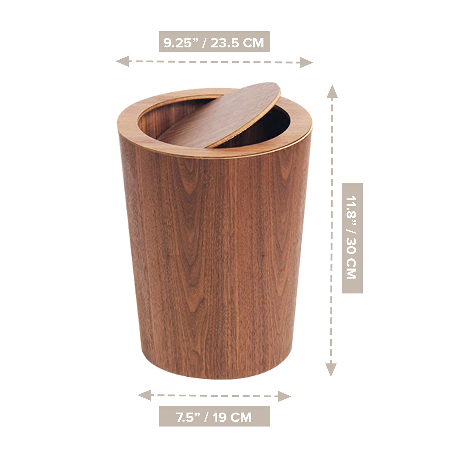 Modern Round Trash Can with Lid - Wood Grain Waste Basket in Walnut - 9.25