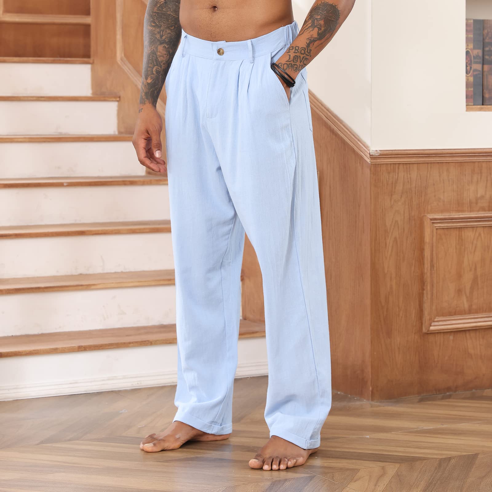 Men's Cotton Linen Pants with Elastic Drawstring Waist - Casual Loose Fit Yoga Beach Pants for Summer Travel, Lounge & Outdoor Activities